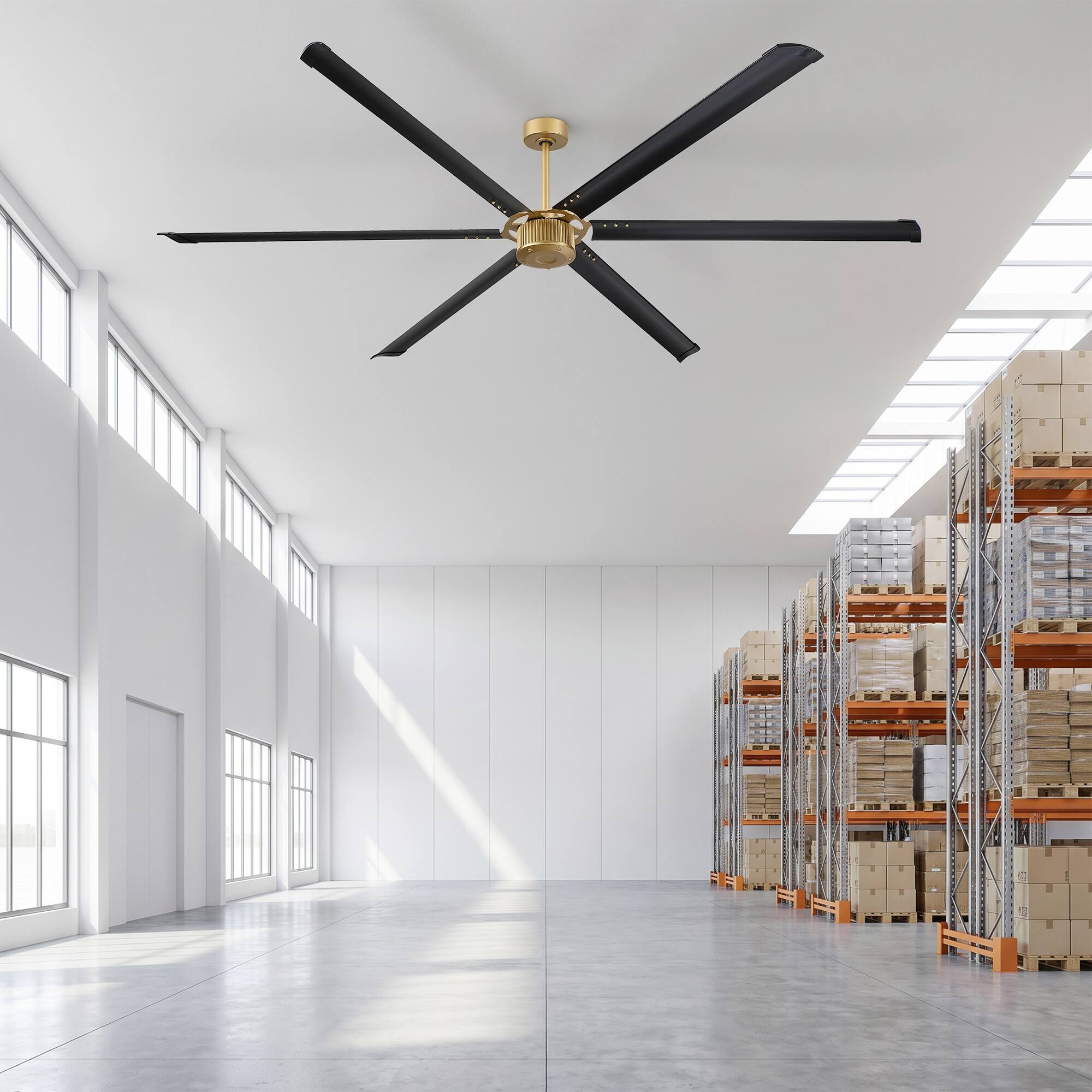Angle. Parrot Uncle - 96" Industrial 6 Aluminum Blades HVLS Ceiling Fan with Remote, No Light for Wareshop - Black.