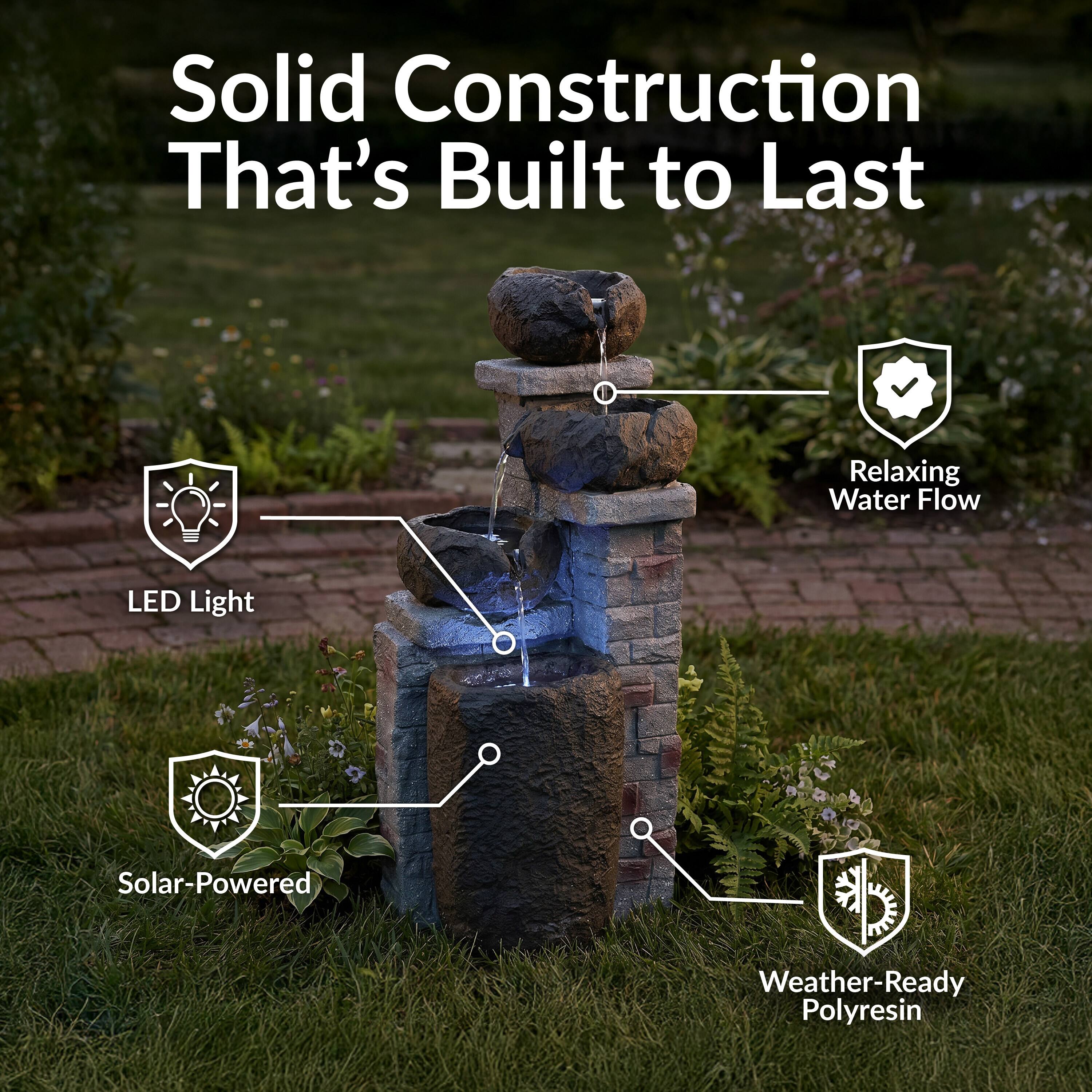 Solid Construction That's Built to Last

- Relaxing Water Flow
- LED Light
- Solar-Powered
- Weather-Ready Polyresin