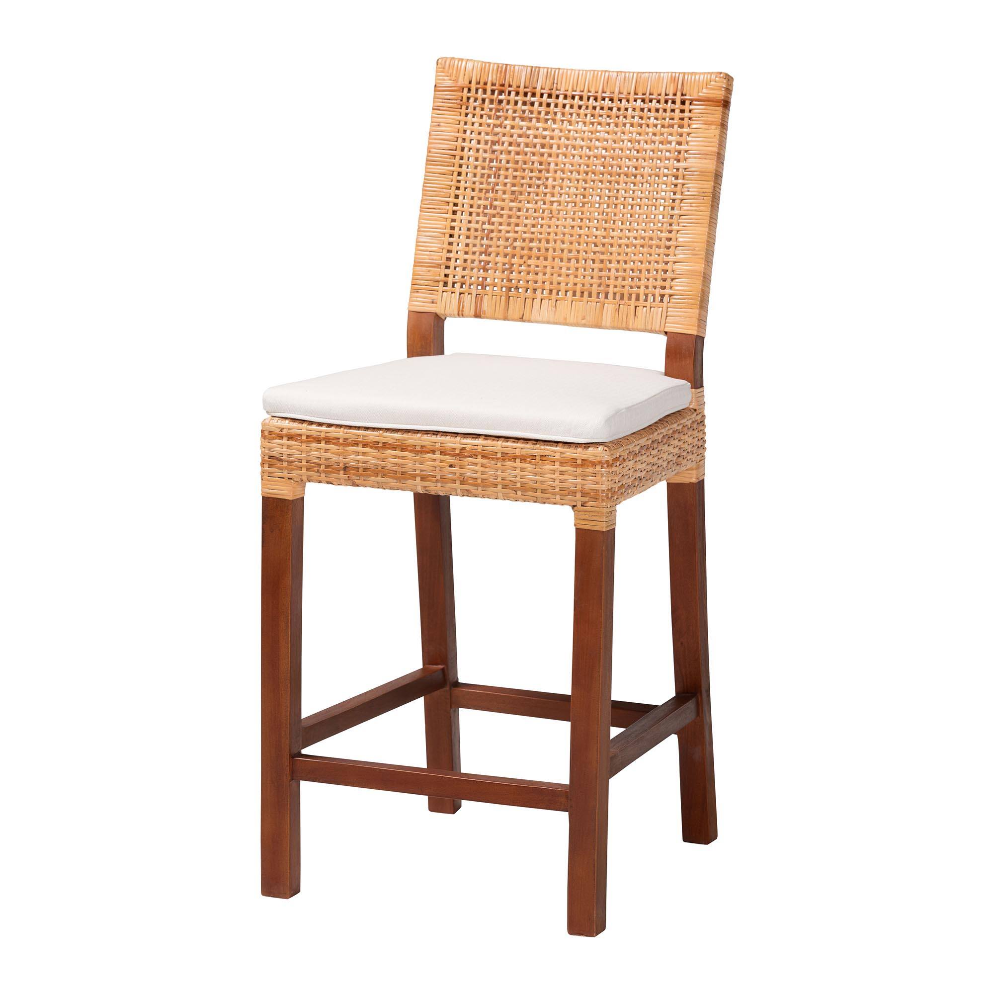 bali & pari - Lesia Natural Rattan Counter Stool with Cushion - Handwoven Wicker Stool with Mahogany Wood Frame - Light Honey/Walnut Brown