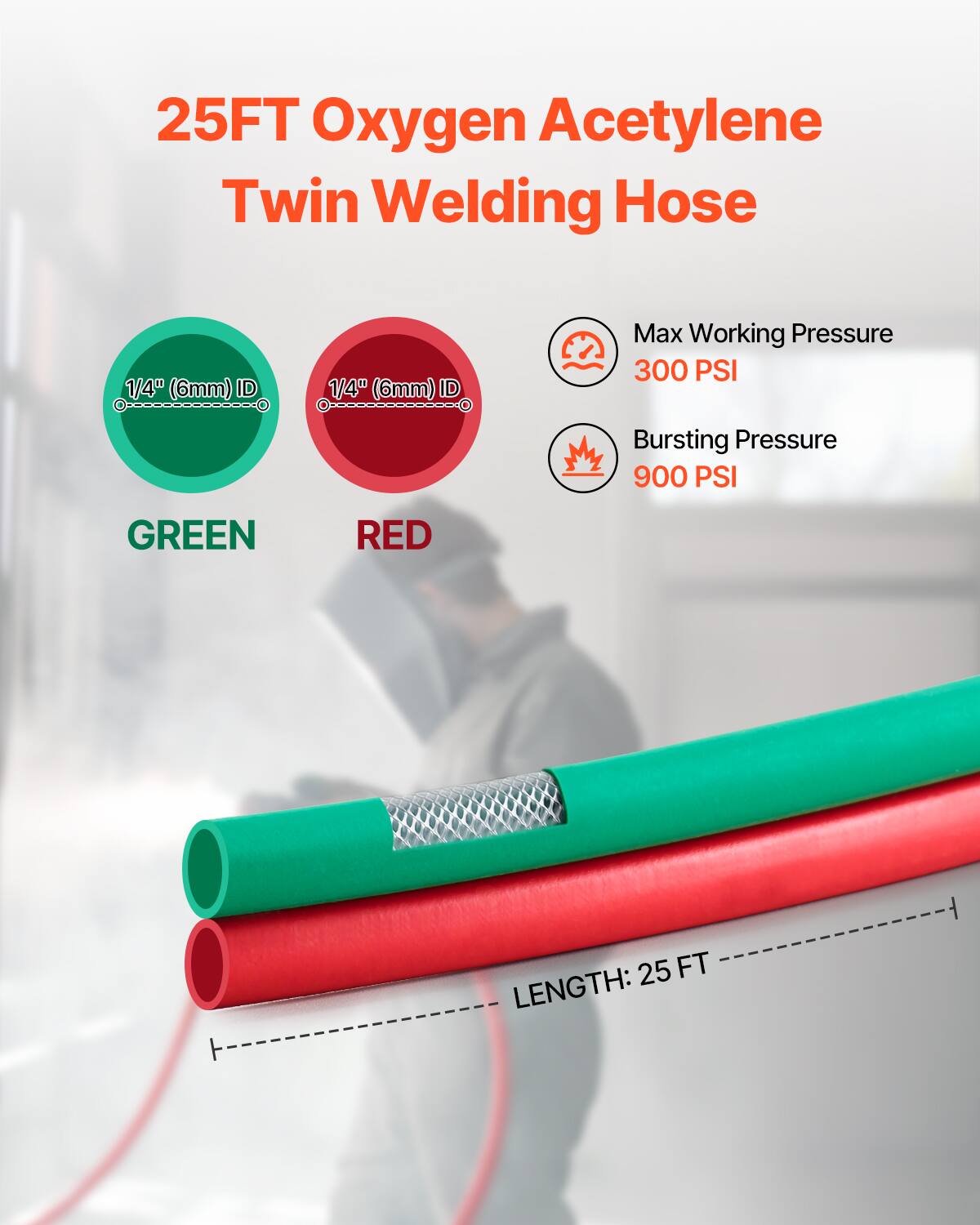25FT Oxygen Acetylene Twin Welding Hose 1/4" (6mm) ID - Max Working Pressure 300 PSI - Bursting Pressure 900 PSI - GREEN RED - 25 FT LENGTH
