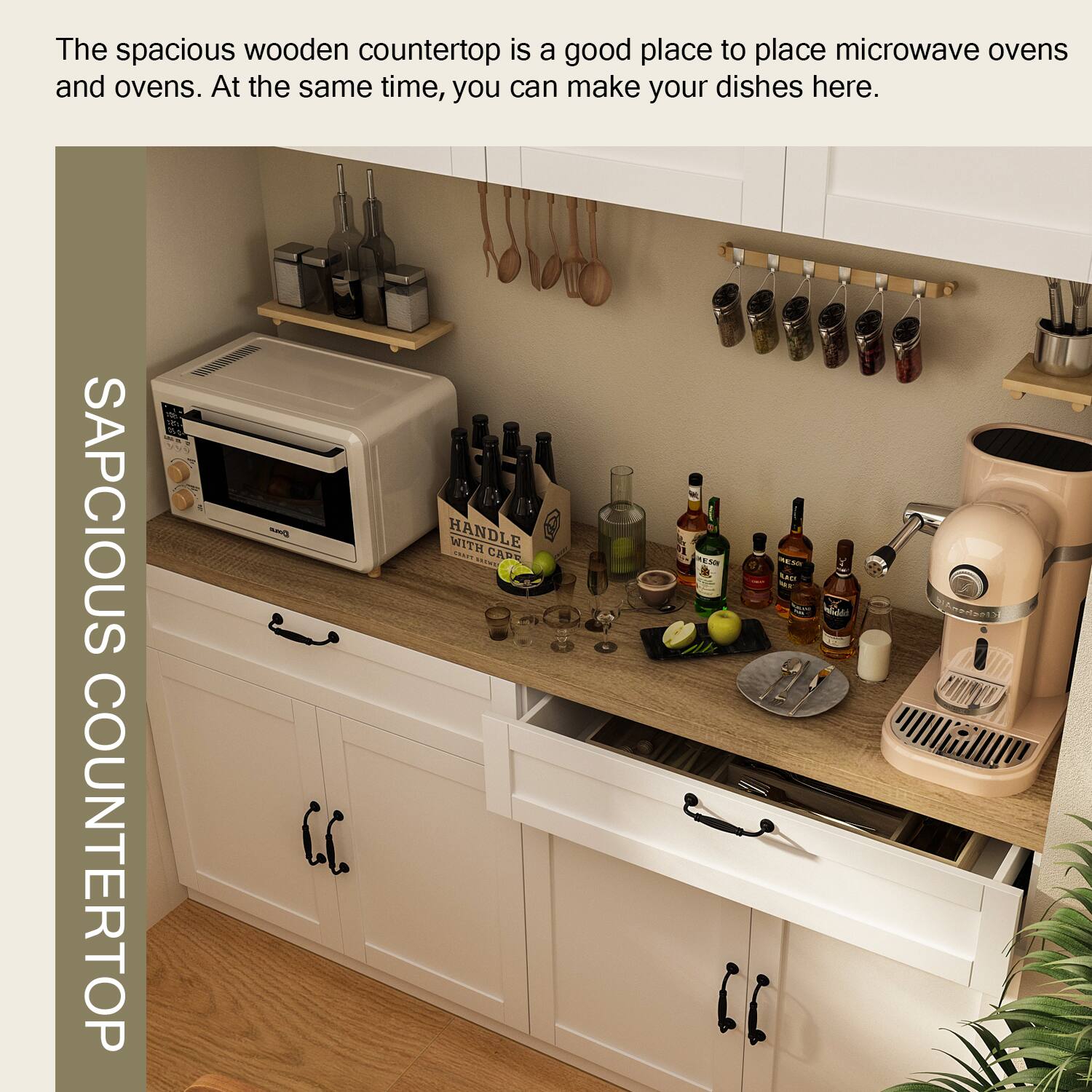 The spacious wooden countertop is a good place to place microwave ovens and ovens. At the same time, you can make your dishes here. SAPCIOUS COUNTERTOP SO HANDLE WITH CARE.