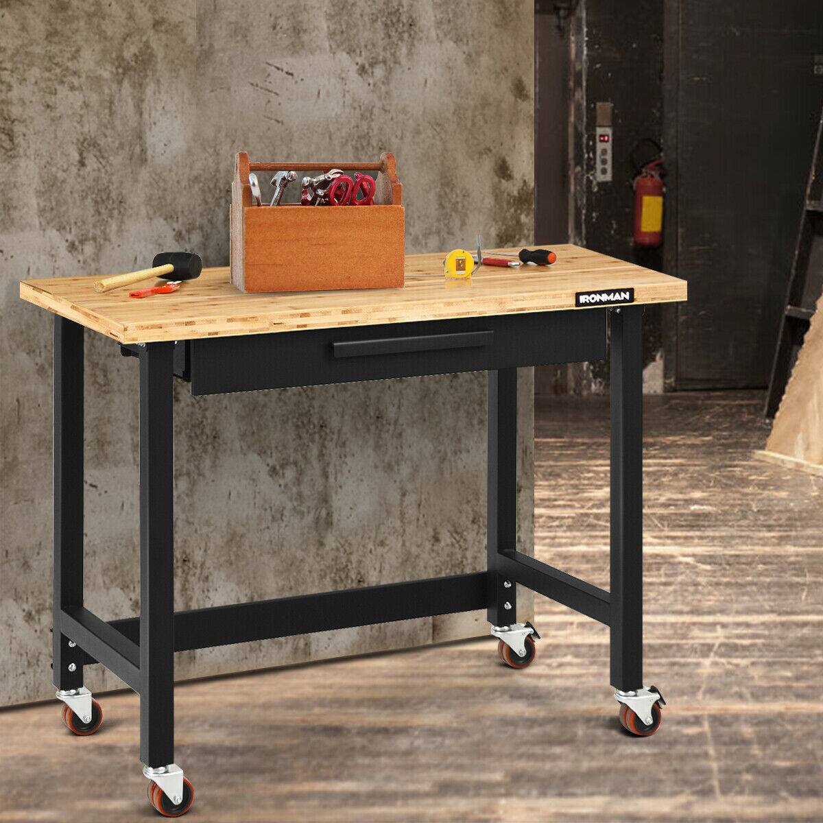 Alt View 1. Gymax - Gymax 48 Inch Mobile Garage Workbench Bamboo Top with Casters and Organizer Drawer - as pic.