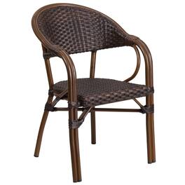 Emma + Oliver - Rattan Restaurant Patio Bamboo-Aluminum Frame Chair with Open Back - Dark Brown Rattan/Red Bamboo-Aluminum Frame