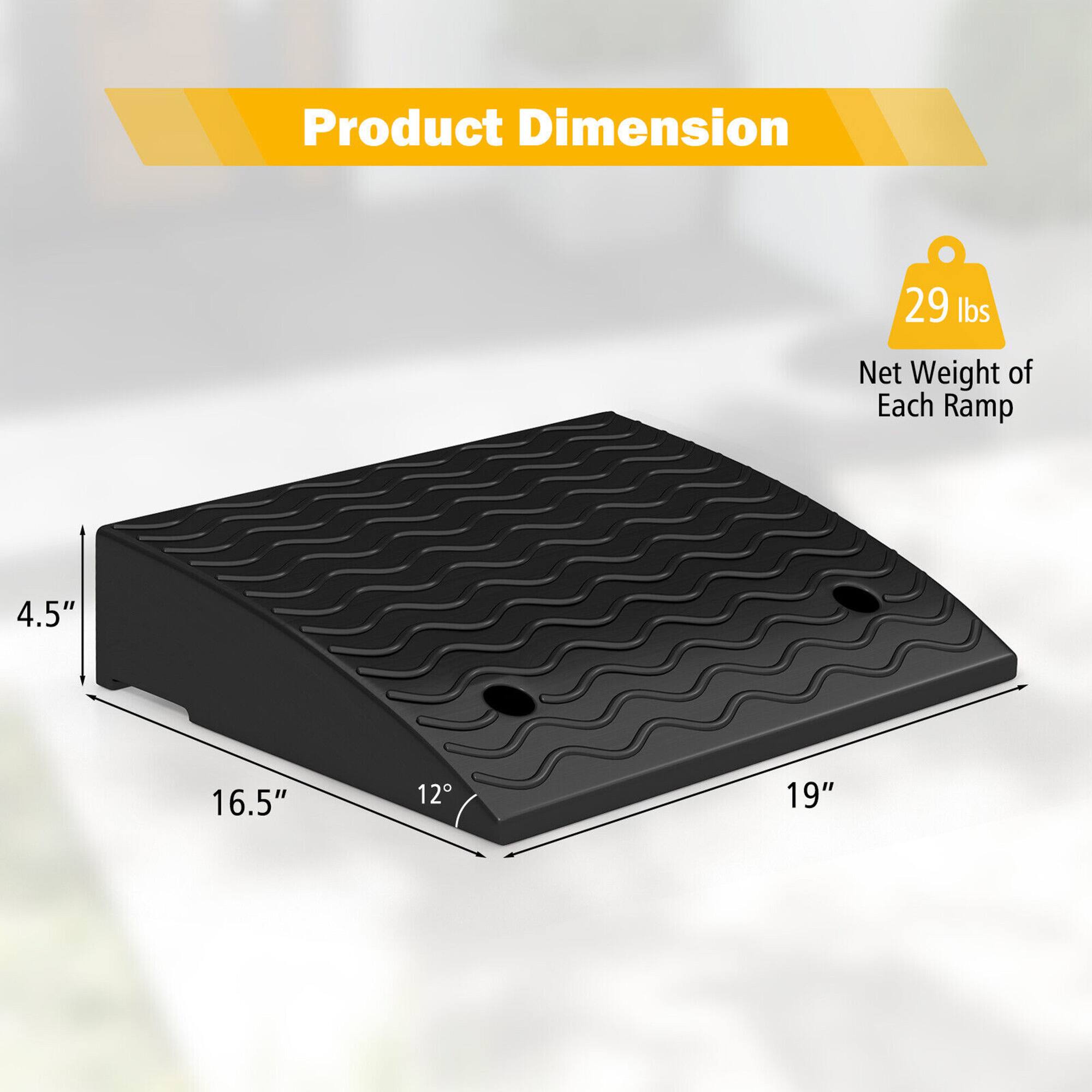 Product Dimension  
Net Weight of Each Ramp: 29 lbs  
Dimensions: 4.5" x 16.5" x 19"