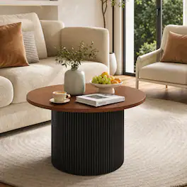 WELLFOR - 32 " Modern Round Coffee Table with Solid Wood Frame and Wooden Top, Wooden Center Table for Living Room - Walnut
