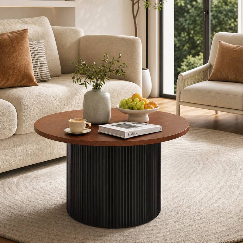Front. WELLFOR - 32 " Modern Round Coffee Table with Solid Wood Frame and Wooden Top, Wooden Center Table for Living Room - Walnut.
