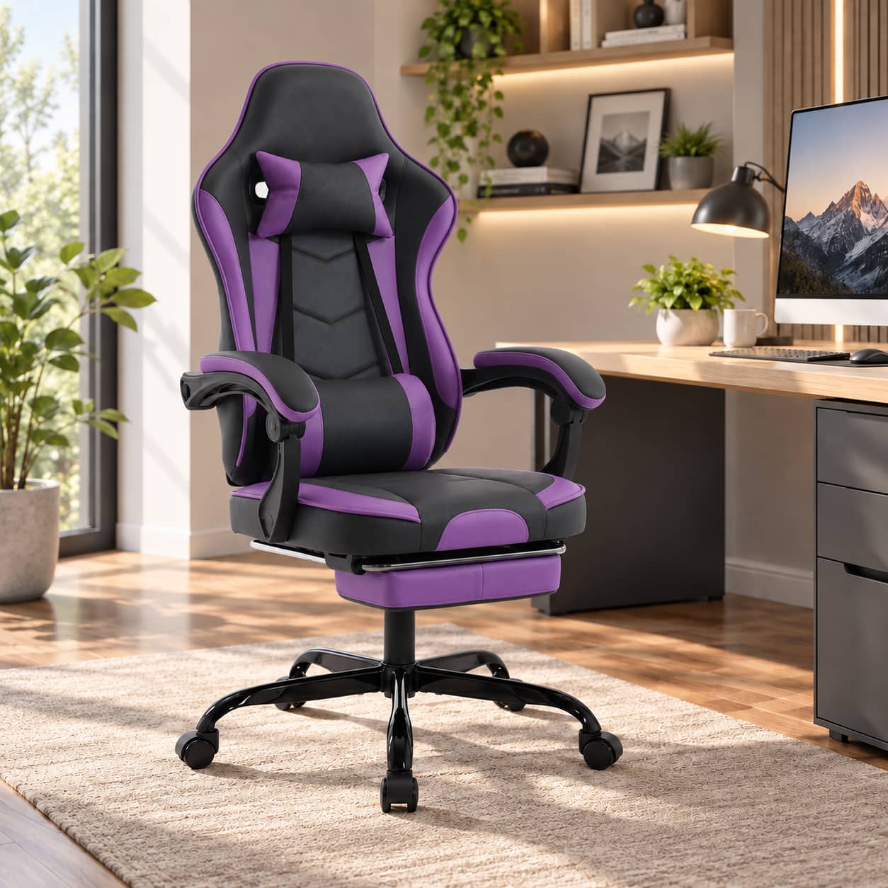 Anysun - Gaming Chair – Ergonomic Computer Chair with Footrest & Massage Lumbar Support, Height Adjustable Swivel, 300 lb Max - Purple+Black