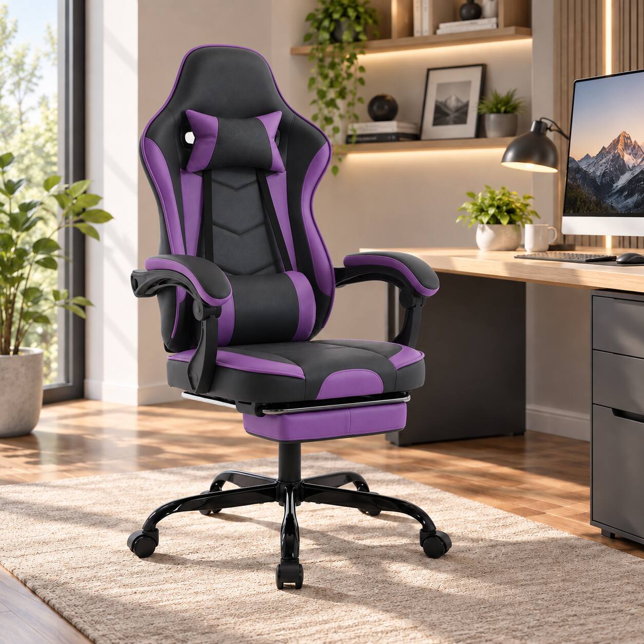 Anysun - Gaming Chair – Ergonomic Computer Chair with Footrest & Massage Lumbar Support, Height Adjustable Swivel, 300 lb Max - Purple+Black