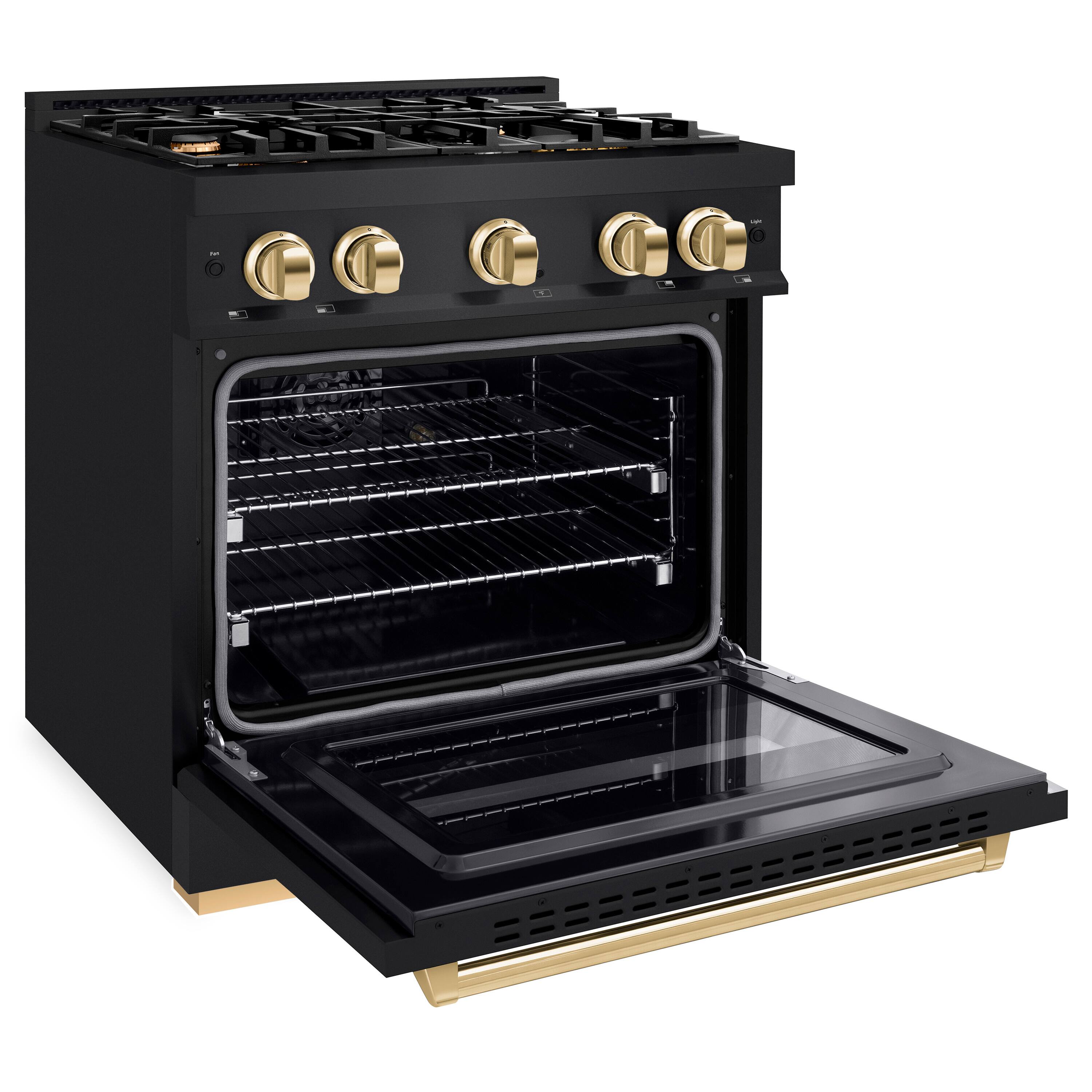 Left. ZLINE - Autograph 30" Classic Black Stainless Gas Range w/ 4 Burners & Gold Accents (CGRBZ-30-G) - Black Stainless Steel.