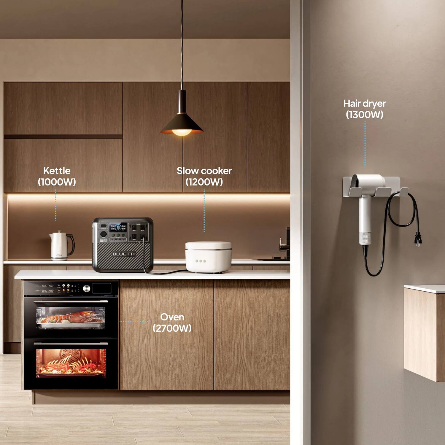 Hair dryer (1300W)  
Kettle (1000W)  
Slow cooker (1200W)  
Oven (2700W)