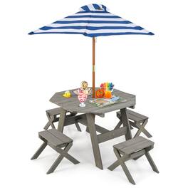 Costway - Kids Wooden Table Set with Octagon Table 4 Stools & Removable Adjustable Umbrella - Gray