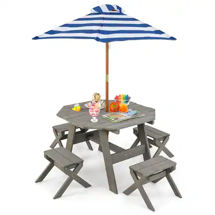 Front. Costway - Costway Kids Wooden Table Set with Octagon Table 4 Stools & Removable Adjustable Umbrella - Grey.