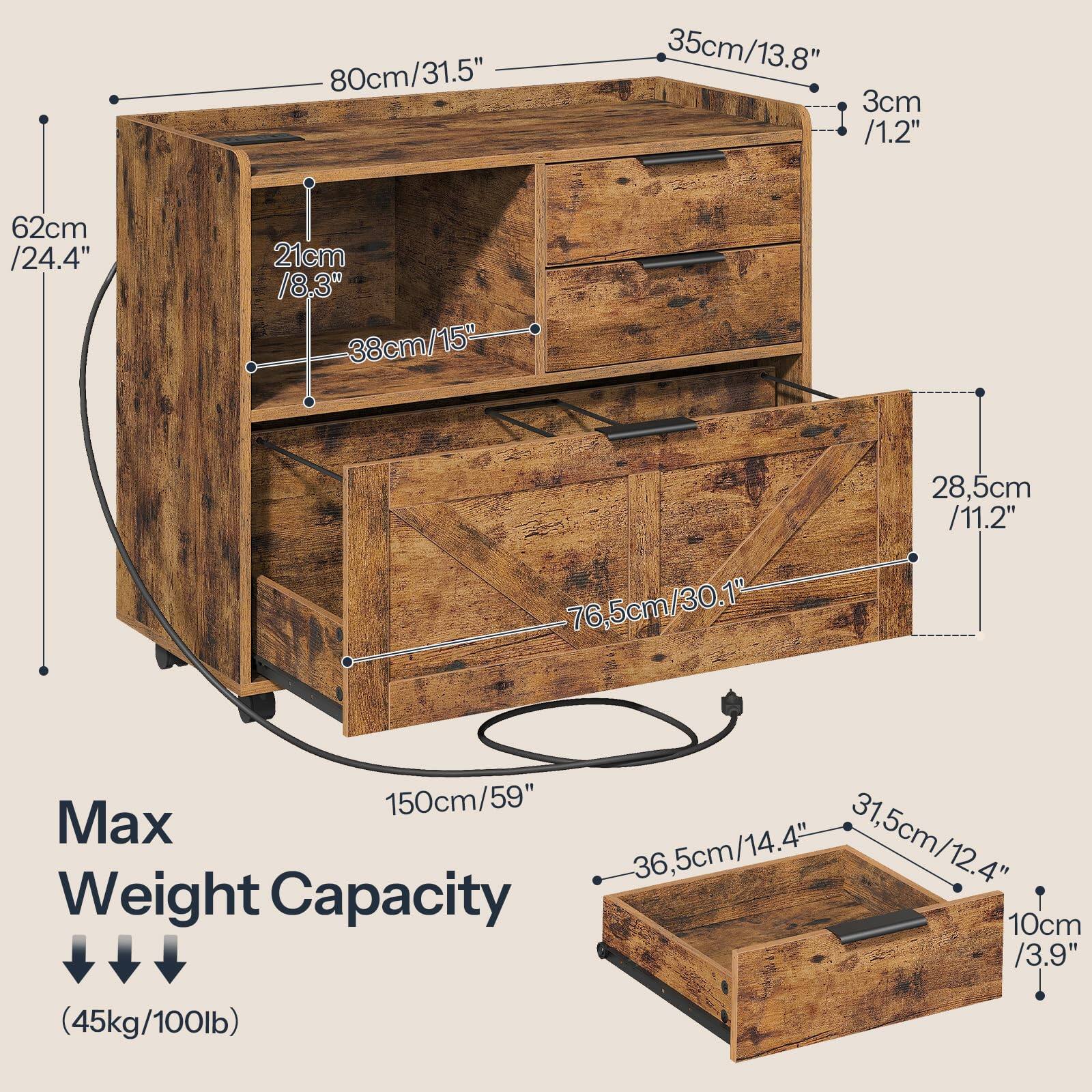 Sure, here is the corrected and grouped text from the image:

- **Dimensions:**
  - Width: 80cm / 31.5"
  - Depth: 76.5cm / 30.1"
  - Height: 62cm / 24.4"
  - Drawer Height: 35cm / 13.8"
  - Drawer Depth: 38cm / 15"
  - Drawer Width: 35cm / 13.8"
  - Drawer Handle Depth: 3cm / 1.2"
  - Shelf Height: 21cm / 8.3"
  - Shelf Depth: 38cm / 15"
  - Shelf Width: 80cm / 31.5"
  - Bottom Shelf Height: 28.5cm / 11.2"
  - Bottom Shelf Depth: 76.5cm / 30.1"
  - Bottom Shelf Width: 80cm / 31.5"
  - Bottom Shelf Drawer Width: 31.5cm / 12.4"
  - Bottom Shelf Drawer Depth: 36