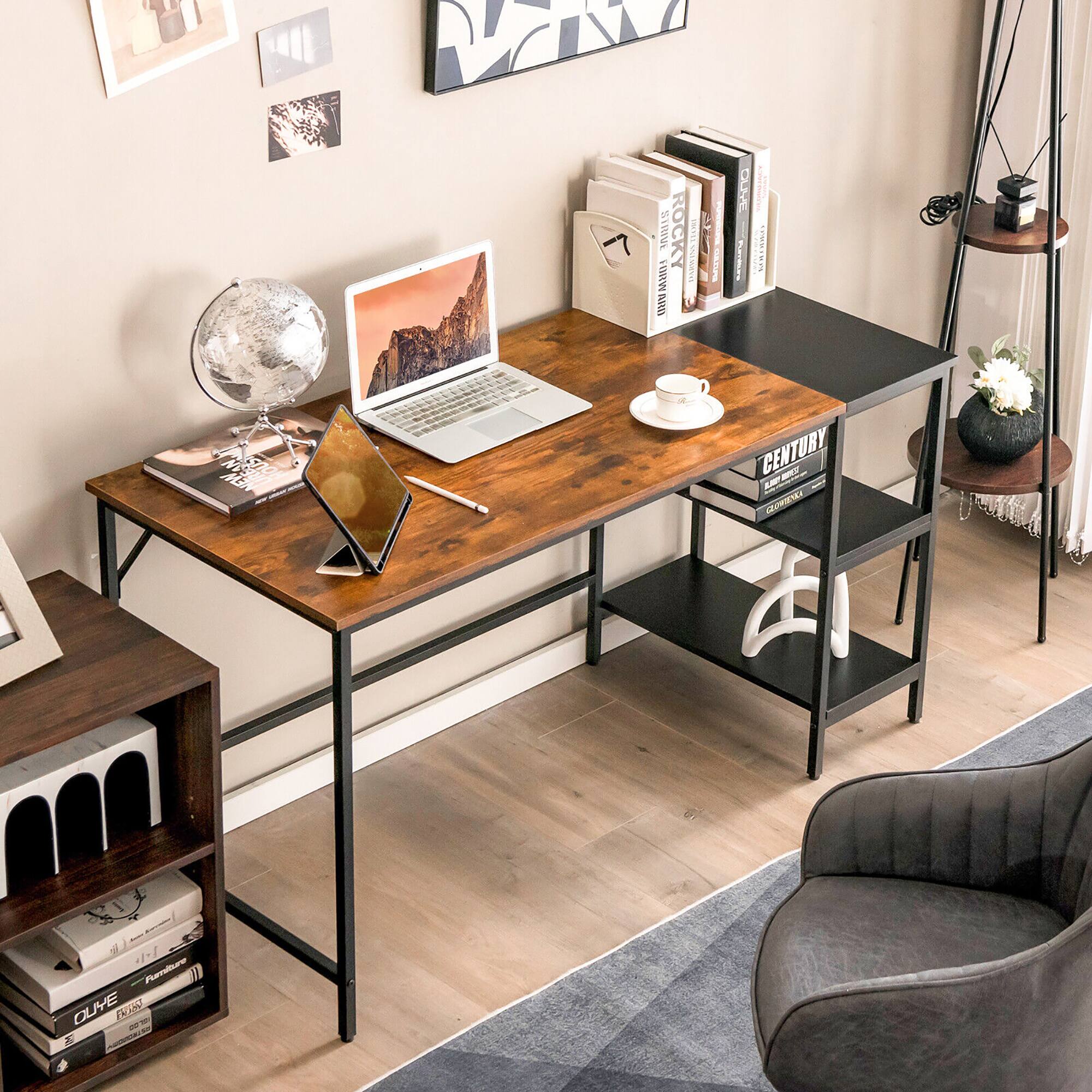 The image features a desk with a laptop on it, along with a mouse and a cup. There is also a bookshelf nearby, and a chair is positioned in front of the desk. The room has a hardwood floor, and there are several books scattered around the area. Additionally, there is a vase and a potted plant in the room, adding to the overall ambiance.
