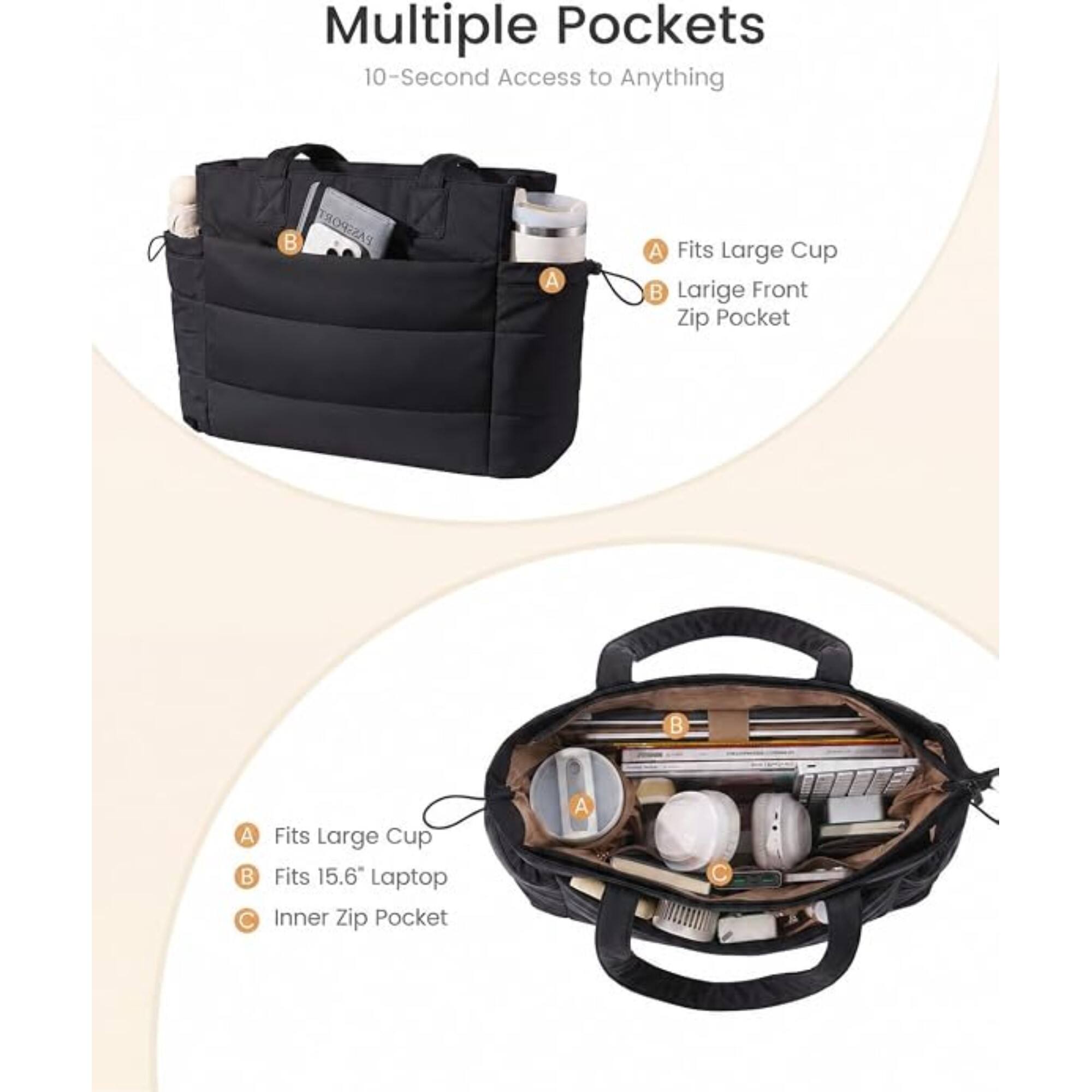 Multiple Pockets  
10-Second Access to Anything

A. Fits Large Cup  
B. Large Front Zip Pocket

A. Fits Large Cup  
B. Fits 15.6" Laptop  
C. Inner Zip Pocket