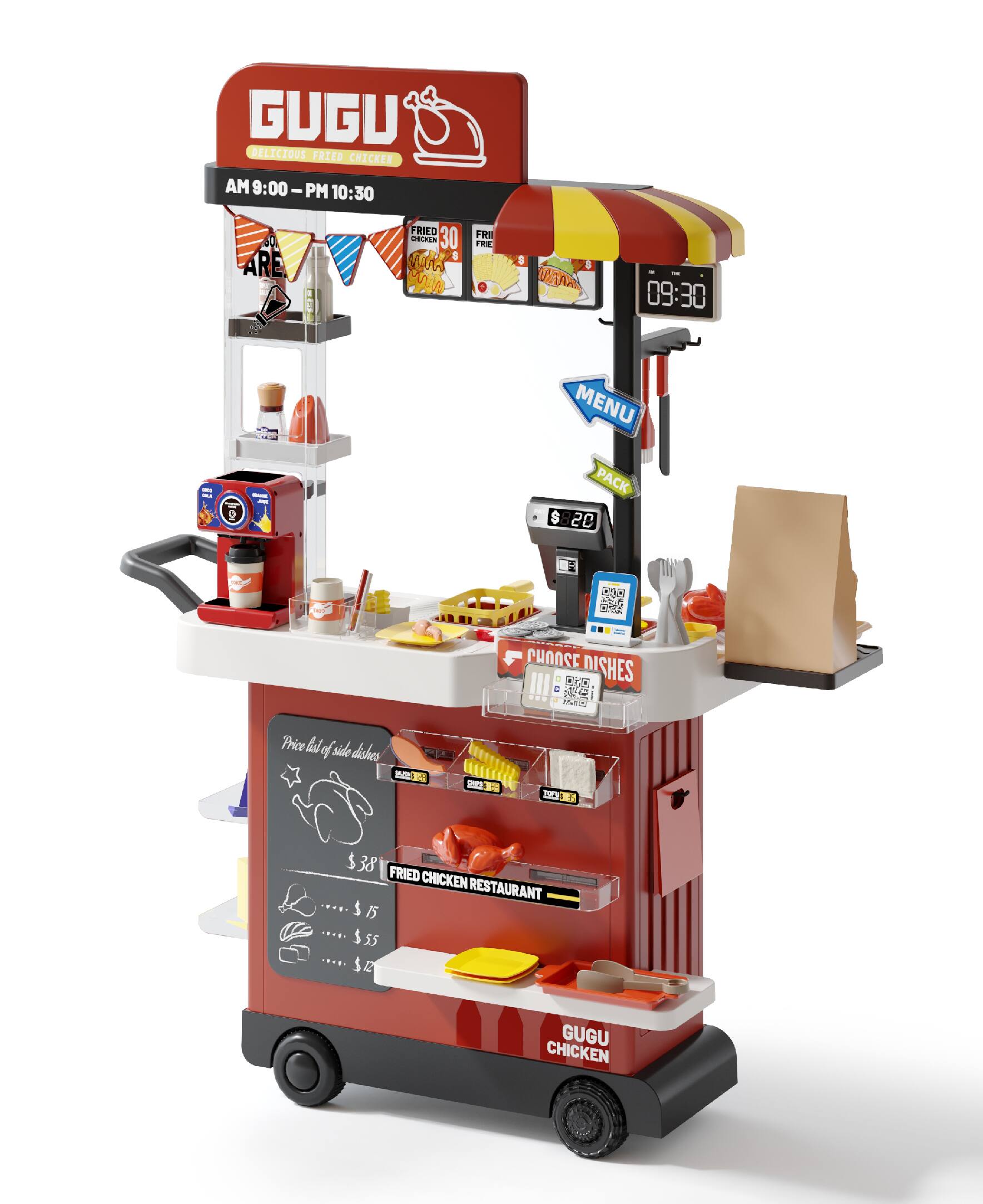 GUGU  
DELICIOUS FRIED CHICKEN  
AM 9:00 - PM 10:30  

MENU  
FRIED CHICKEN $38  
FRIED FRIES $20  
CHINESE DISHES $55  
SIDE DISHES $15  

PACK $20  

FRIED CHICKEN RESTAURANT  

GUGU CHICKEN