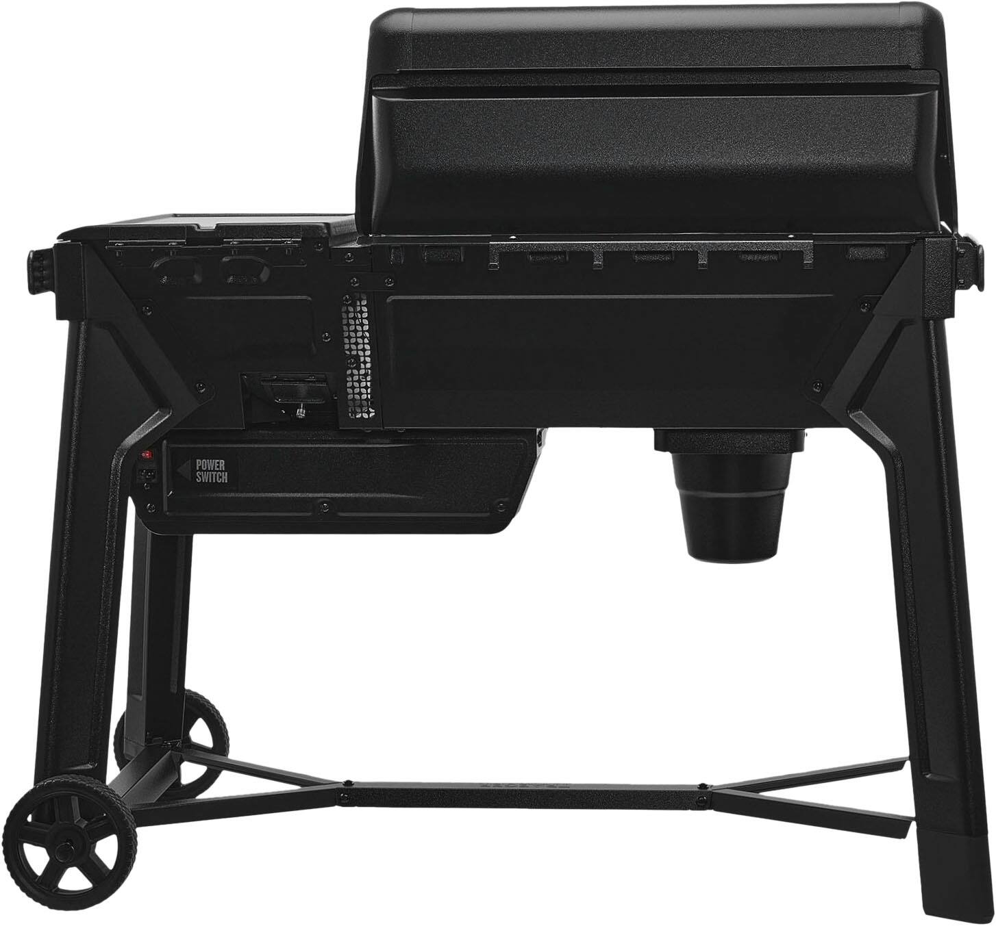 The image shows a black grill with a power switch on the side.