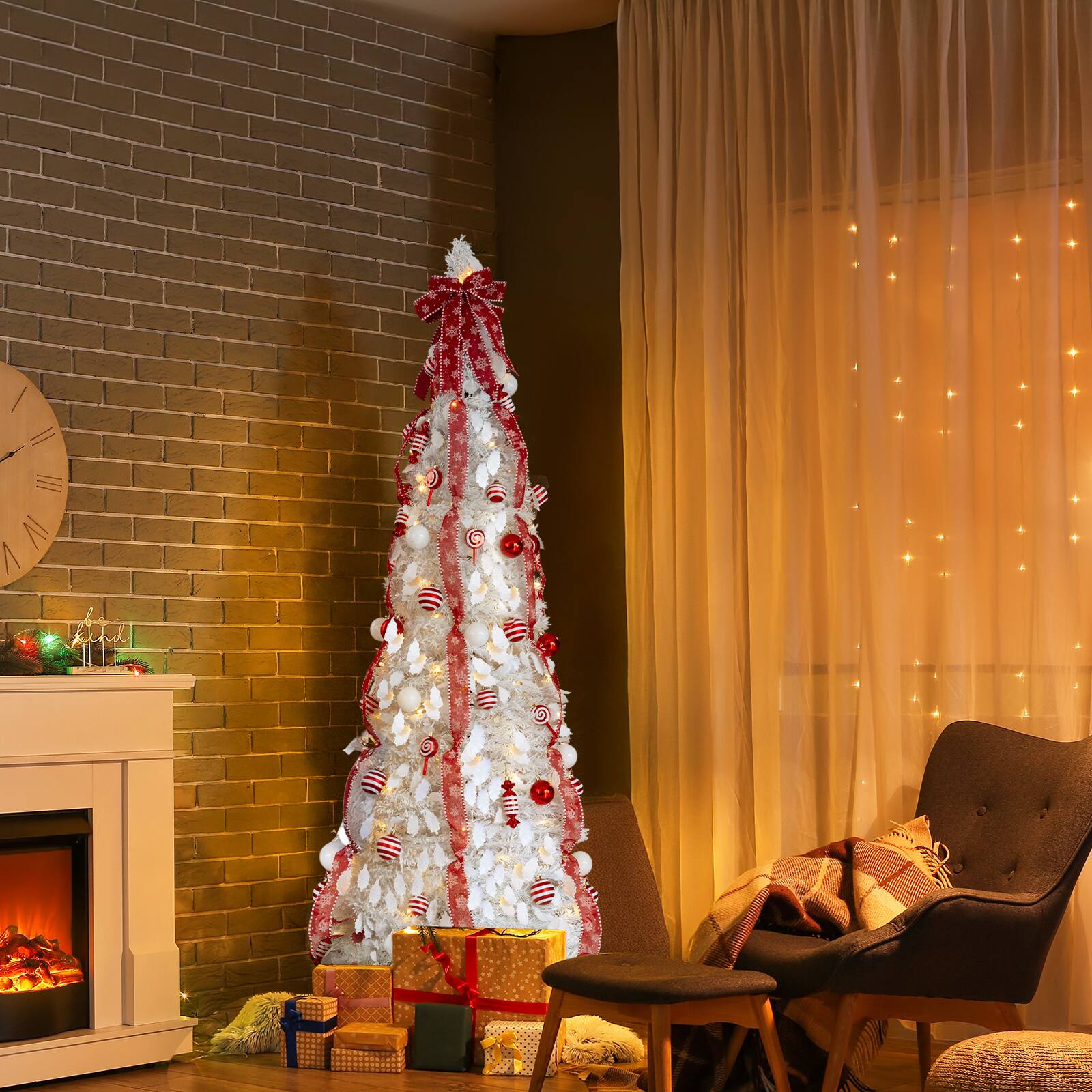 Alt View 1. VAVSEA - 6 ft Fully Decorated Pre-Lit Pop Up Christmas Tree with 100 Warm Lights & Red Ornaments for Holiday Decor, White - White.