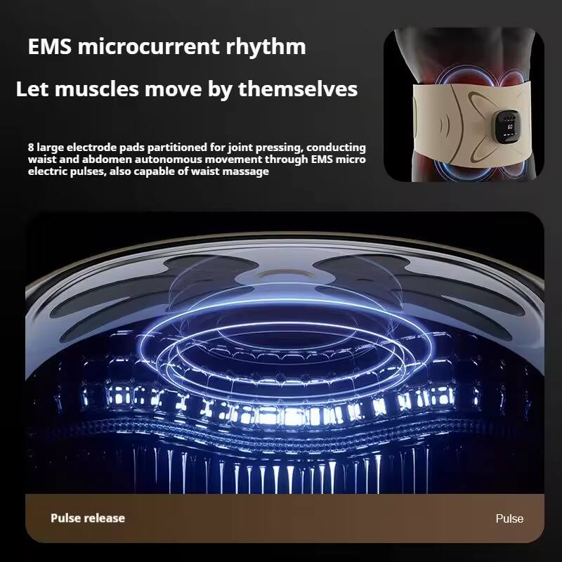 EMS microcurrent rhythm  
Let muscles move by themselves  

8 large electrode pads partitioned for joint pressing, conducting waist and abdomen autonomous movement through EMS micro electric pulses, also capable of waist massage  

Pulse release  
Pulse