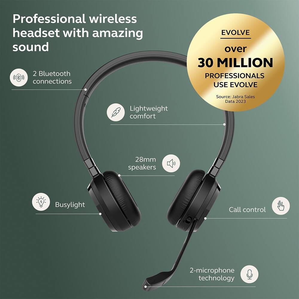 Professional wireless headset with amazing sound  
2 Bluetooth connections  
EVOLVE over 30 MILLION PROFESSIONALS USE EVOLVE  
Lightweight comfort  
28mm speakers  
Busylight  
Call control  
2-microphone technology  

Source: Jabra Sales Data 2023