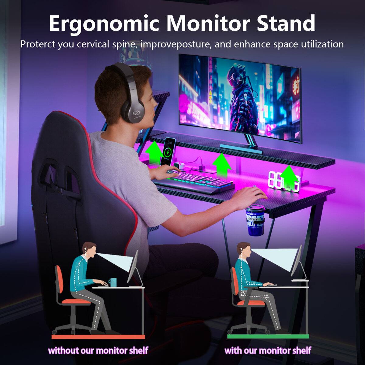 Ergonomic Monitor Stand  
Protect your cervical spine, improve posture, and enhance space utilization  

without our monitor shelf  
with our monitor shelf
