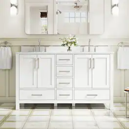 WELLFOR - 60 in Bathroom Vanity with Double Sink, Solid Wood Bathroom Cabinet with 4 Doors& 6 Drawers,Brushed Nickel Handle - White