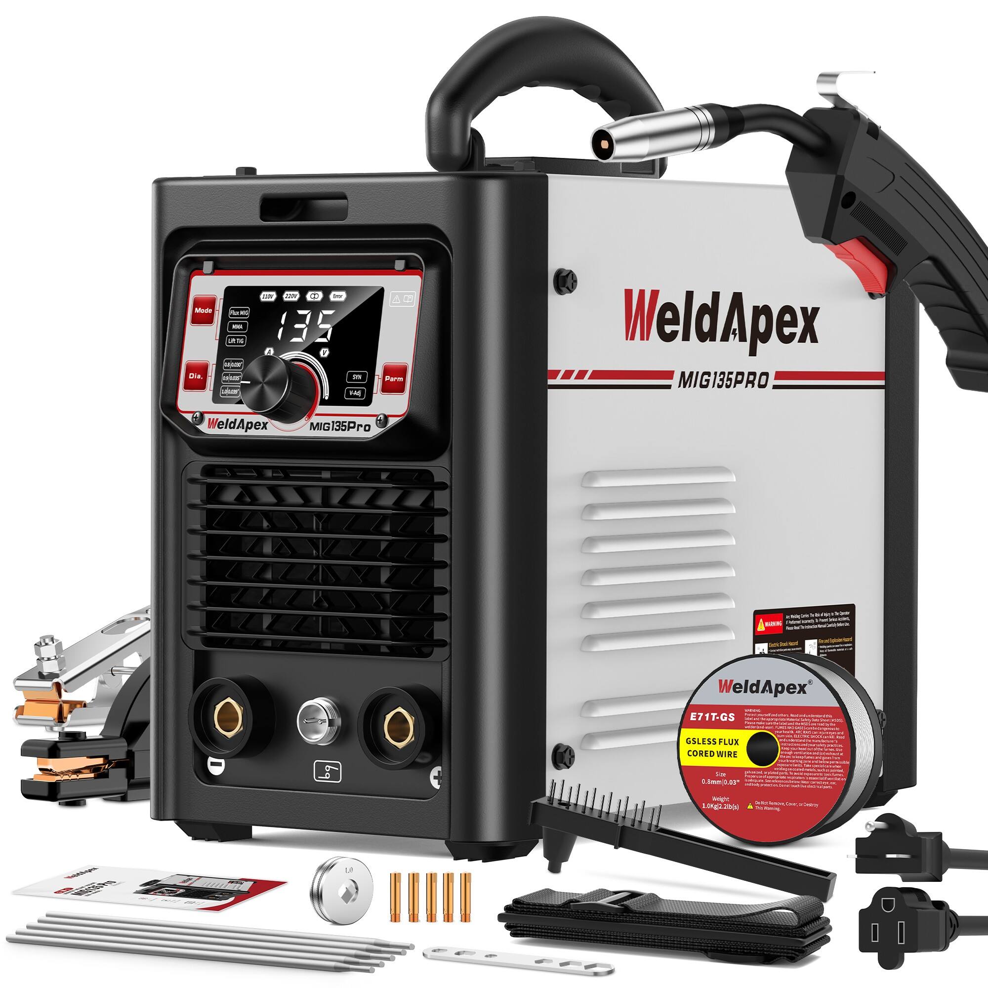 Mode - 100 urts user Dia. was alcar  
JUN the 8 135 5% FAT  
Parm  
WeldApex MIG135PRO  
WeldApex  
MIG135Pro  
4.7kg  
0  
WeldApex  
E71T-GS  
GSLESS FLUX CORED WIRE  
53 0.03*  
Weight g(22b(s)  
Carbohy