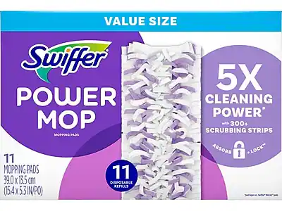 VALUE SIZE
Swiffer POWER MOP
MOPPING PADS
5X CLEANING POWER
with 300+ SCRUBBING STRIPS
11 MOPPING PADS
39.0 x 13.5 cm (15.4 x 5.3 IN/PO)
11 DISPOSABLE REFILLS
ABSORB + LOCK