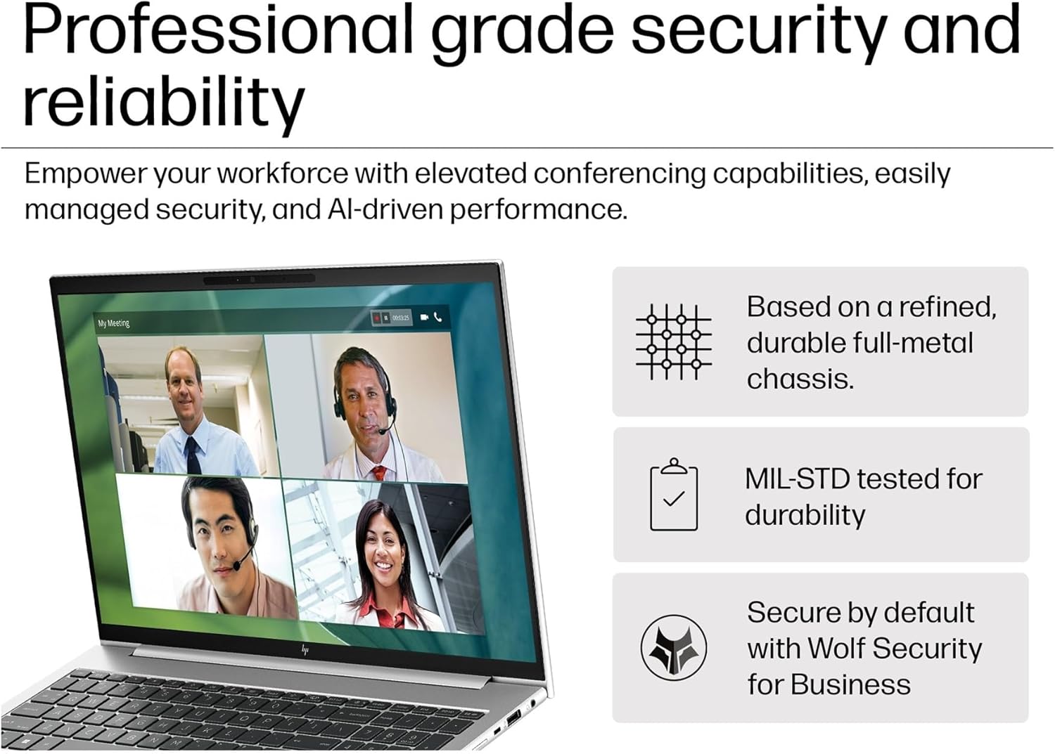 Professional grade security and reliability

Empower your workforce with elevated conferencing capabilities, easily managed security, and AI-driven performance.

- Based on a refined, durable full-metal chassis.
- MIL-STD tested for durability
- Secure by default with Wolf Security for Business