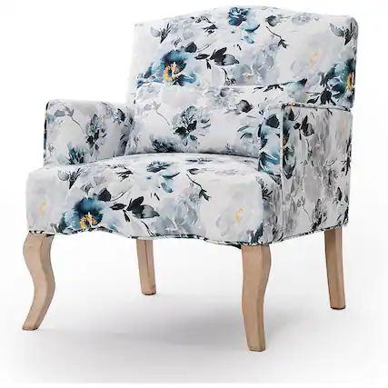 Front. U-HOMY - Mid-Century Accent Chair with Floral Fabric, Solid Wood Frame & High-Resilience Foam for Living Room - Black/Blue.
