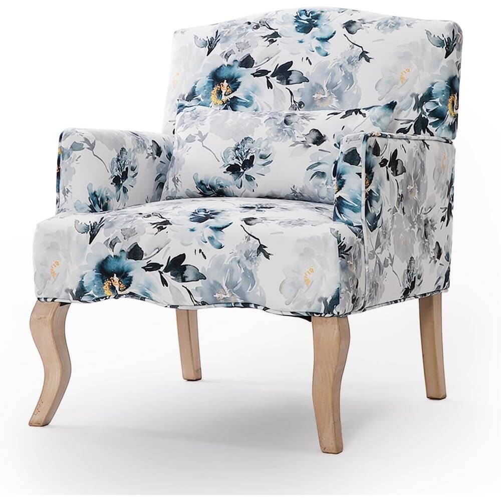 Front. U-HOMY - Mid-Century Accent Chair with Floral Fabric, Solid Wood Frame & High-Resilience Foam for Living Room - Black/Blue.