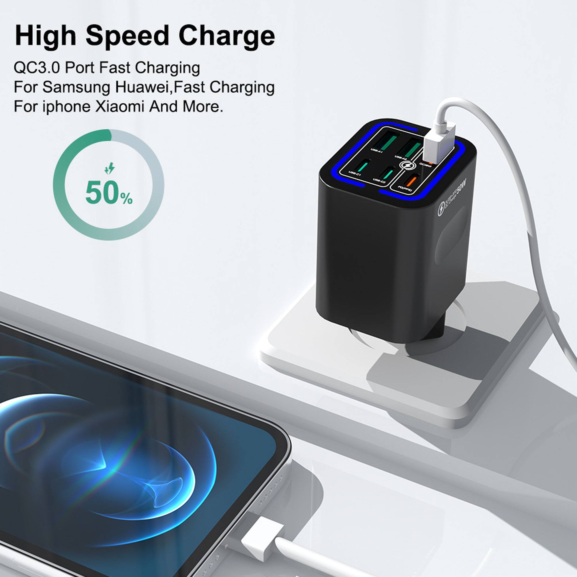 High Speed Charge  
QC3.0 Port Fast Charging  
For Samsung Huawei, Fast Charging For iphone Xiaomi And More.  
50%