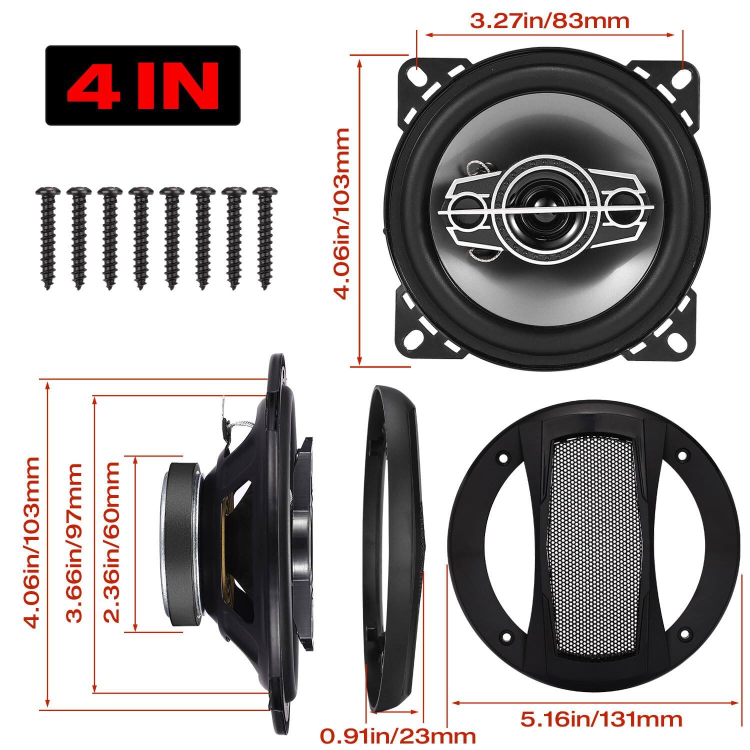 Sure, here is the corrected and grouped text from the image:

- **4 IN**
- **3.27in/83mm**
- **4.06in/103mm**
- **4.06in/103mm**
- **3.66in/97mm**
- **2.36in/60mm**
- **5.16in/131mm**
- **0.91in/23mm**
- **4.06in/103mm**
- **3.66in/97mm**
- **2.36in/60mm**
- **5.16in/131mm**
- **0.91in/23mm**