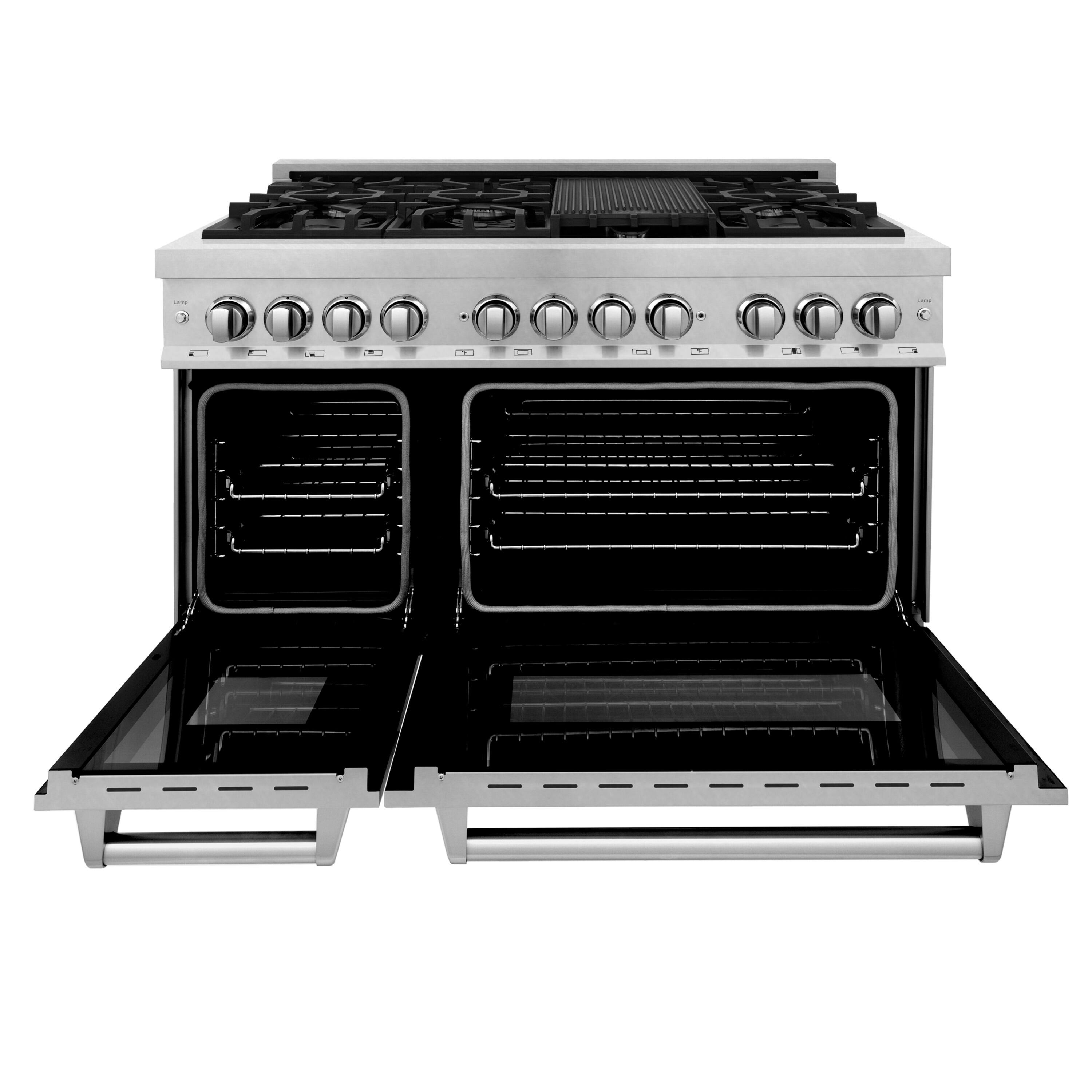 Angle. ZLINE - ZLINE 48 in. 6.0 cu. ft. Legacy Dual Fuel Range with 7 Burner Gas Cooktop and 2 Electric Ovens in Satin Stainless Steel - Stainless Steel.