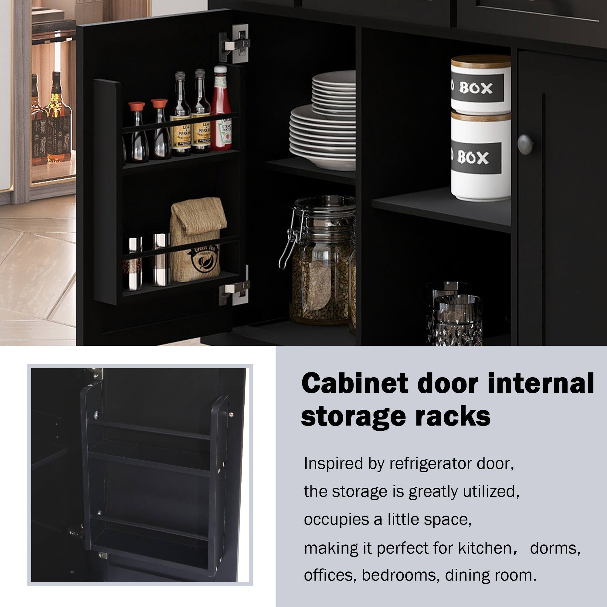 Cabinet door internal storage racks

Inspired by refrigerator door, the storage is greatly utilized, occupies a little space, making it perfect for kitchen, dorms, offices, bedrooms, dining room.