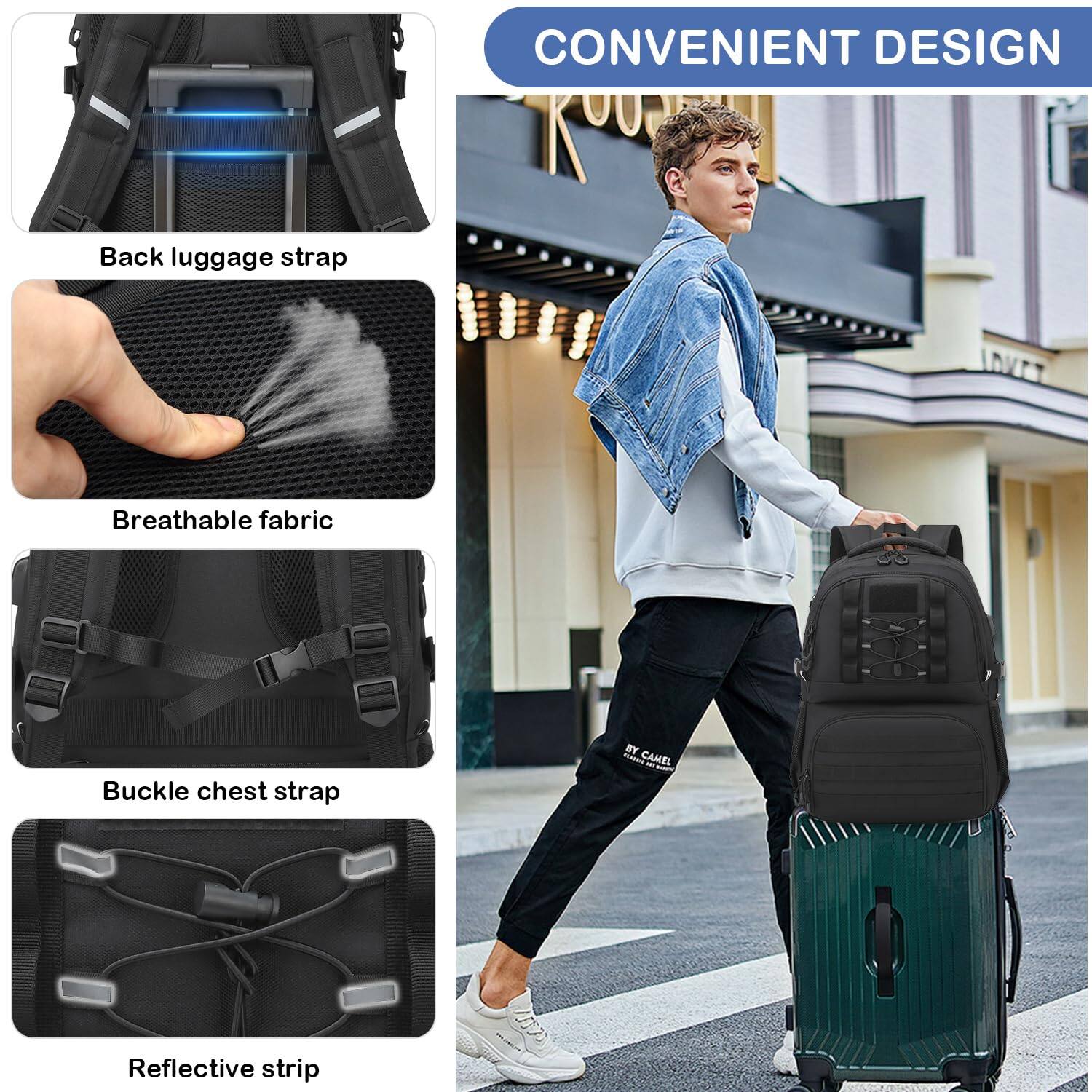 CONVENIENT DESIGN

- Back luggage strap
- Breathable fabric
- Buckle chest strap
- Reflective strip