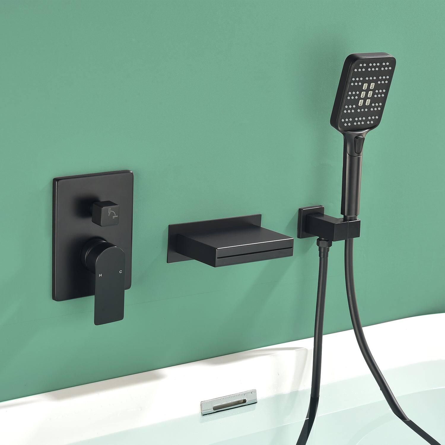 Alt View 5. Boyel Living - Black Bathtub Faucet 2-Function Brass Pressure Balance Valve 3-Function Hand Shower 1.5m PVC Hose - Matte Black.