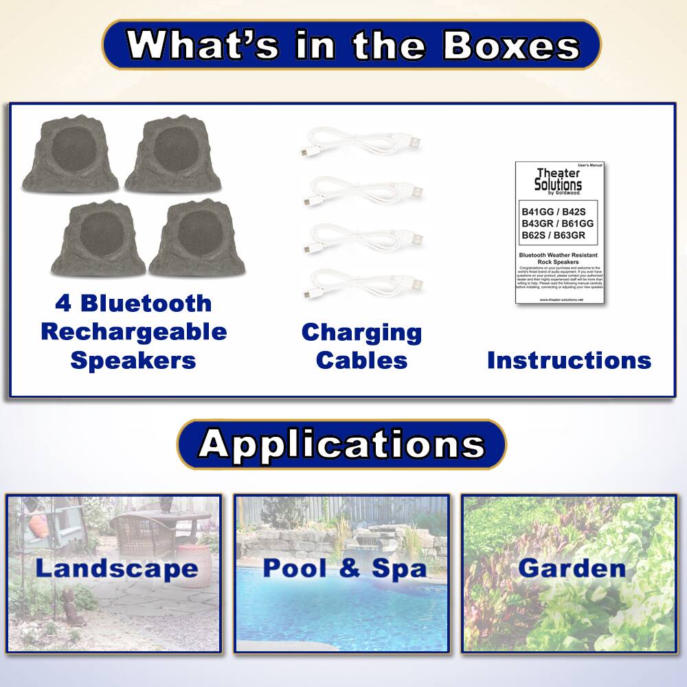 What's in the Boxes

- 4 Bluetooth Rechargeable Speakers
- Charging Cables
- Instructions

Applications

- Landscape
- Pool & Spa
- Garden

Theater Solutions  
B41GG / B42S / B43GR / B61GG / B62S / B63GR  
Bluetooth Weather Resistant Rock Speakers