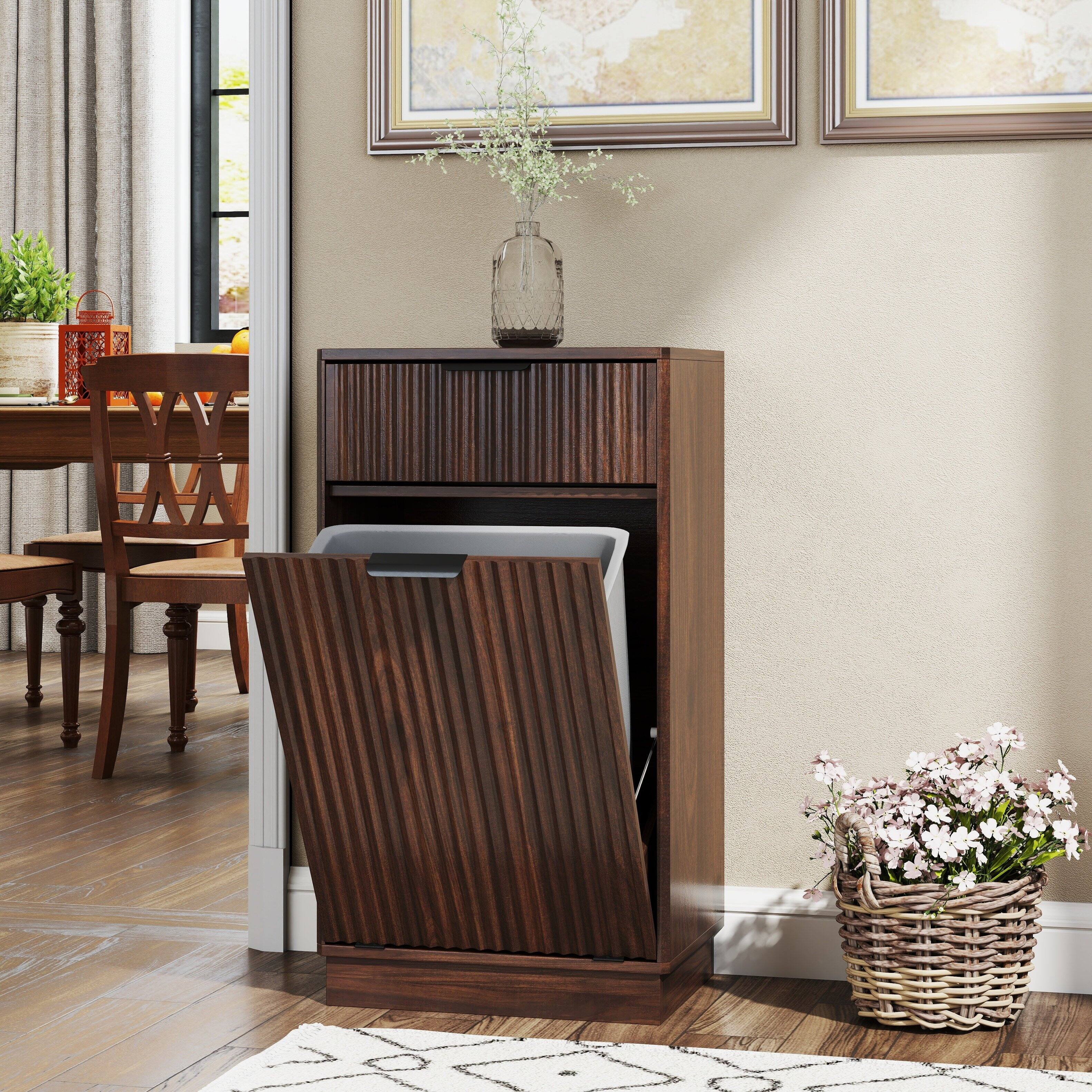 Alt View 1. COWLOWN - 10 Gallon Tilt-Out Trash Can Cabinet with Drawer and Pull-Out Bin Walnut Finish - Walnut.