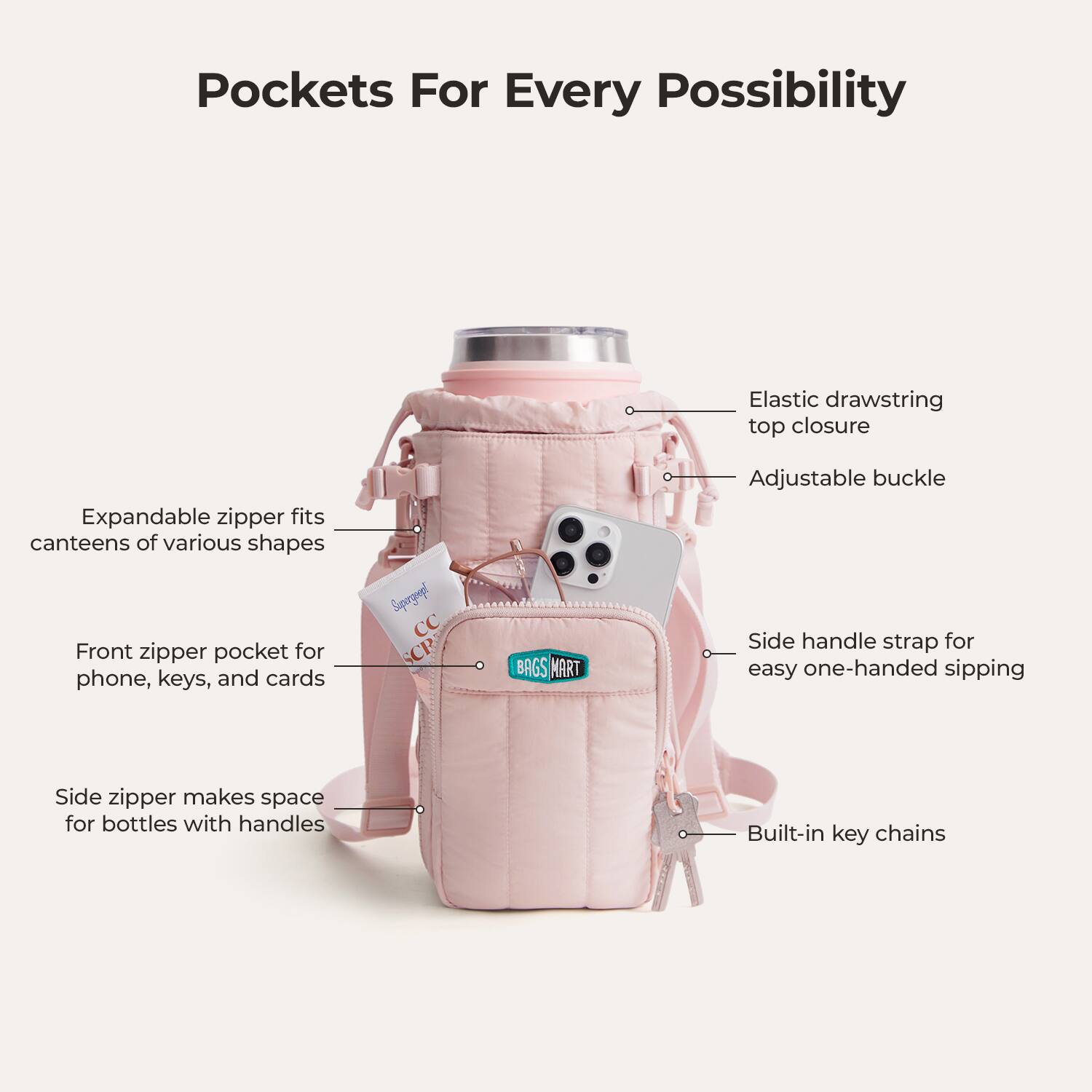 Pockets For Every Possibility

- Elastic drawstring top closure
- Expandable zipper fits canteens of various shapes
- Front zipper pocket for phone, keys, and cards
- Adjustable buckle
- Side handle strap for easy one-handed sipping
- Side zipper makes space for bottles with handles
- Built-in key chains