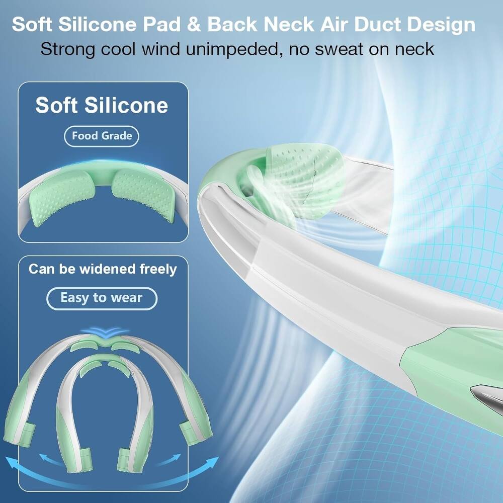 Soft Silicone Pad & Back Neck Air Duct Design  
Strong cool wind unimpeded, no sweat on neck  

Soft Silicone  
Food Grade  

Can be widened freely  
Easy to wear