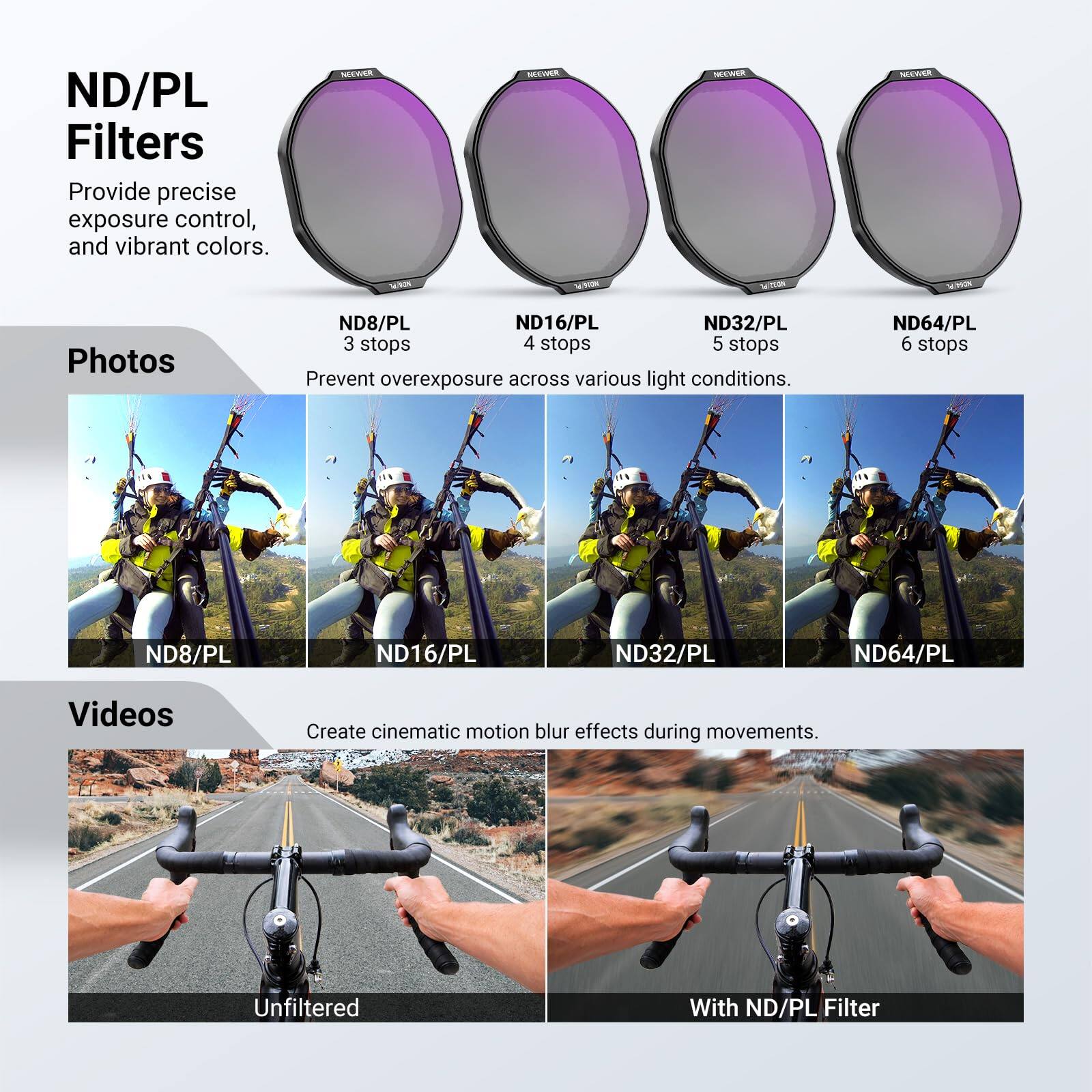 ND/PL Filters  
Provide precise exposure control, and vibrant colors.

**Photos**  
ND8/PL 3 stops  
ND16/PL 4 stops  
ND32/PL 5 stops  
ND64/PL 6 stops  
Prevent overexposure across various light conditions.

**Videos**  
Create cinematic motion blur effects during movements.  
Unfiltered  
With ND/PL Filter
