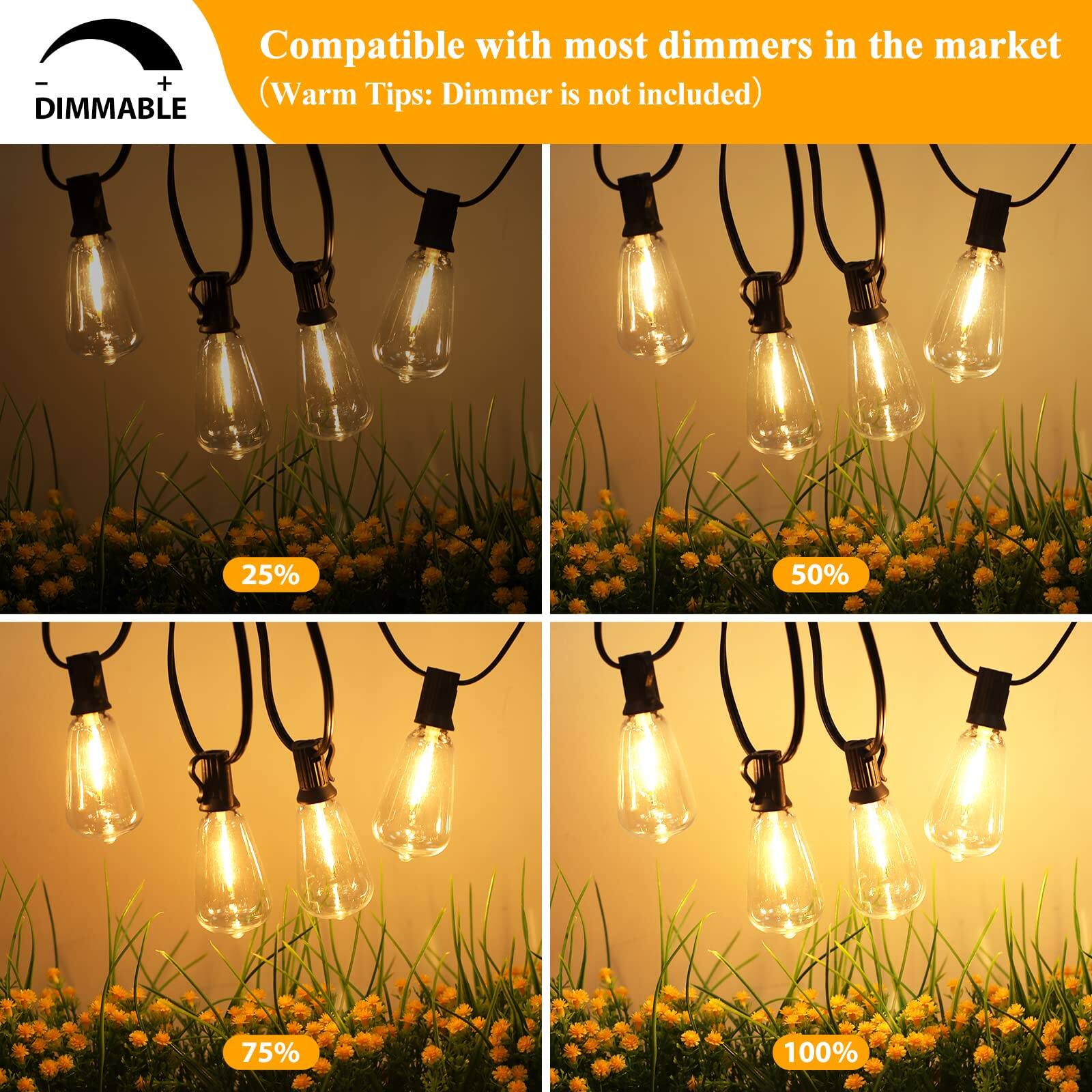 Compatible with most dimmers in the market (Warm Tips: Dimmer is not included)

25%  
50%  
75%  
100%