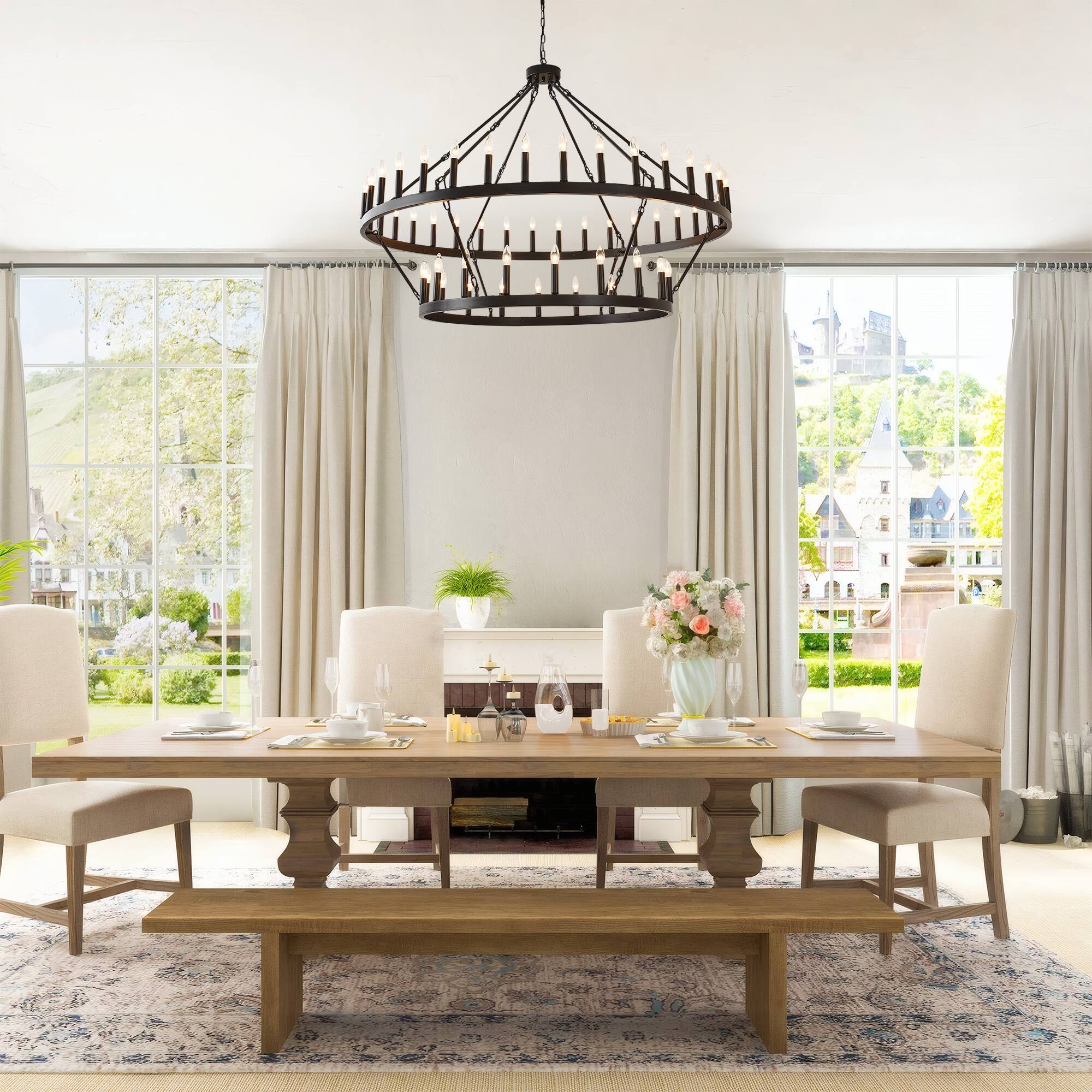 Angle. RYHNUYNE - 60 Inch Black Extra Large Wagon Wheel Chandelier – 2-Tier 54-Light Farmhouse Industrial Pendant Light for High Ceilings - Black.