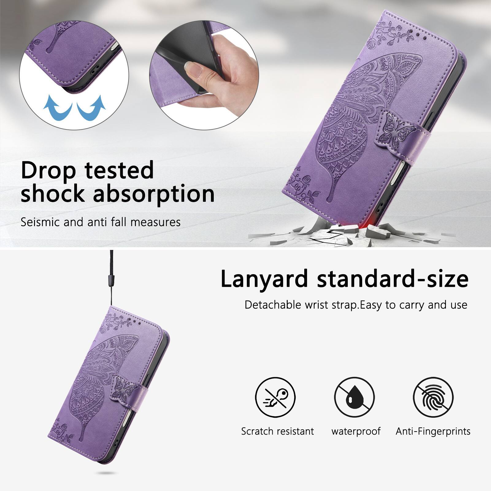 Drop tested shock absorption  
Seismic and anti fall measures  

Lanyard standard-size  
Detachable wrist strap. Easy to carry and use  

Scratch resistant  
Waterproof  
Anti-Fingerprints