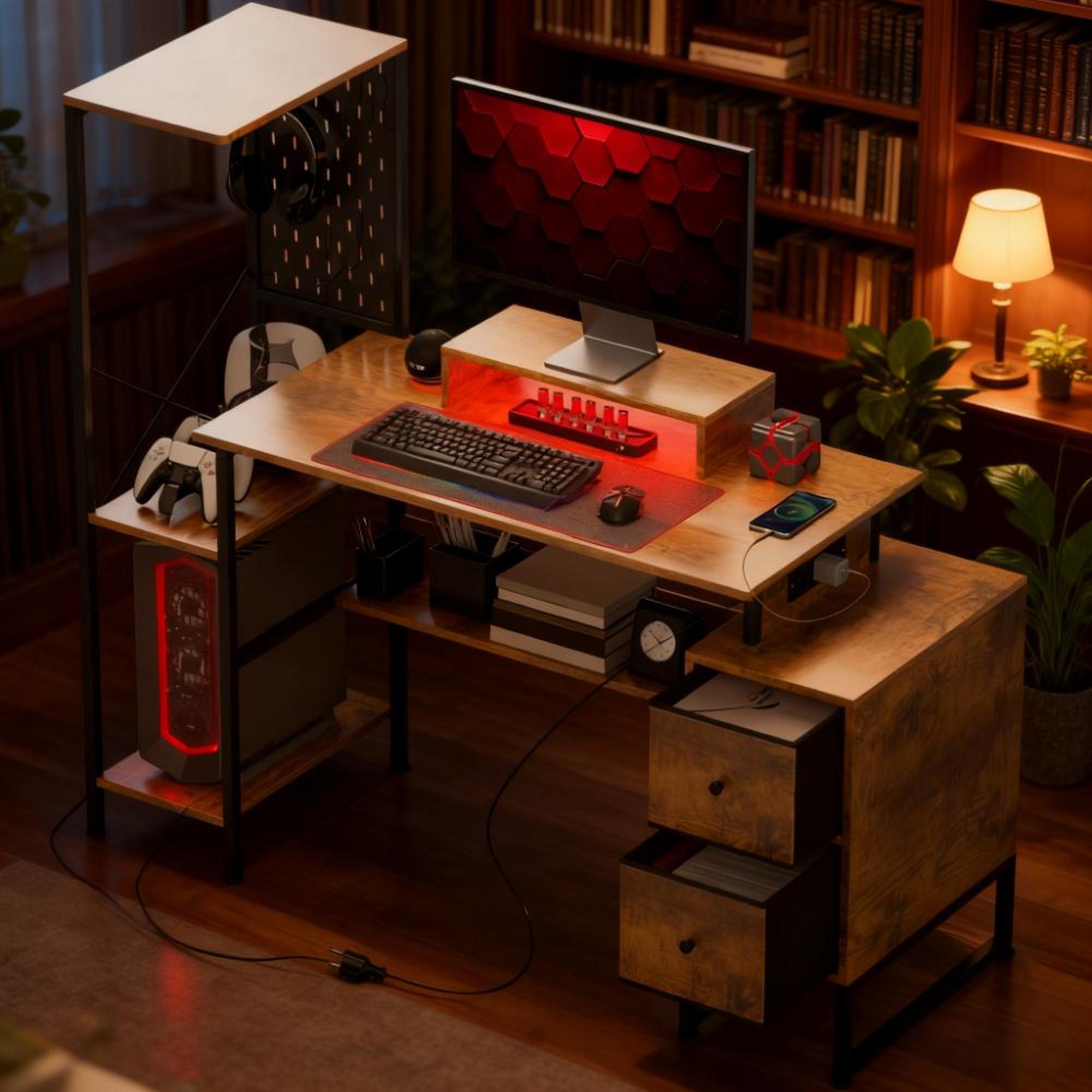 Alt View 4. GOODSILO - Modern Home Office Desk with Integrated Charging Station, Adjustable LED Lighting, and Ergonomic Storage Solutions - Rustic Brown.