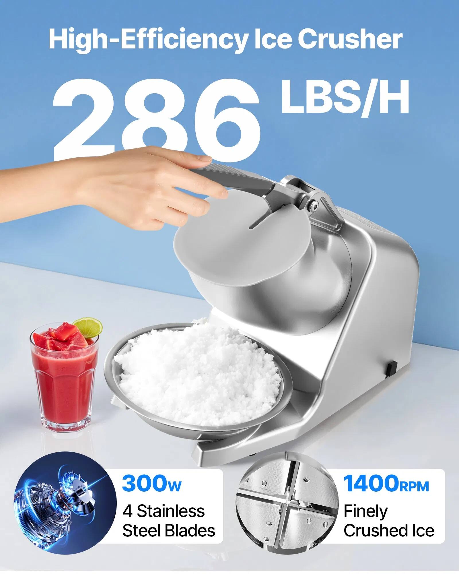High-Efficiency Ice Crusher  
286 LBS/H  
300w  
4 Stainless Steel Blades  
1400RPM  
Finely Crushed Ice
