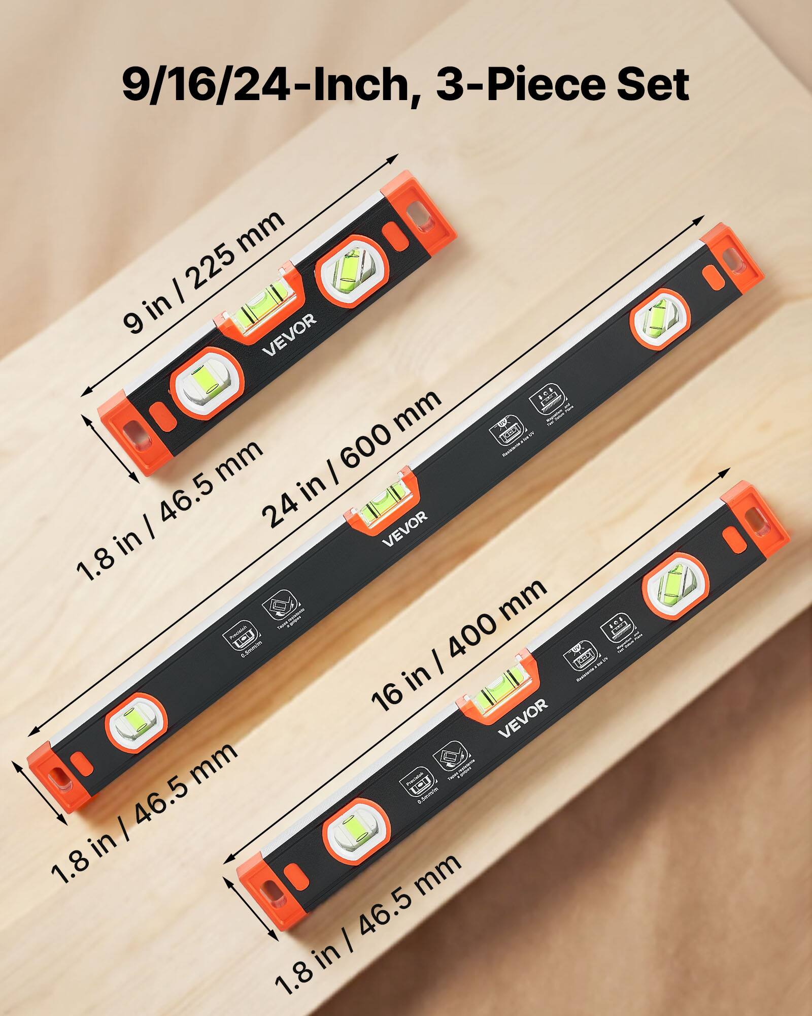 9/16/24-Inch, 3-Piece Set

- 9 in / 225 mm
- 16 in / 400 mm
- 24 in / 600 mm

1.8 in / 46.5 mm