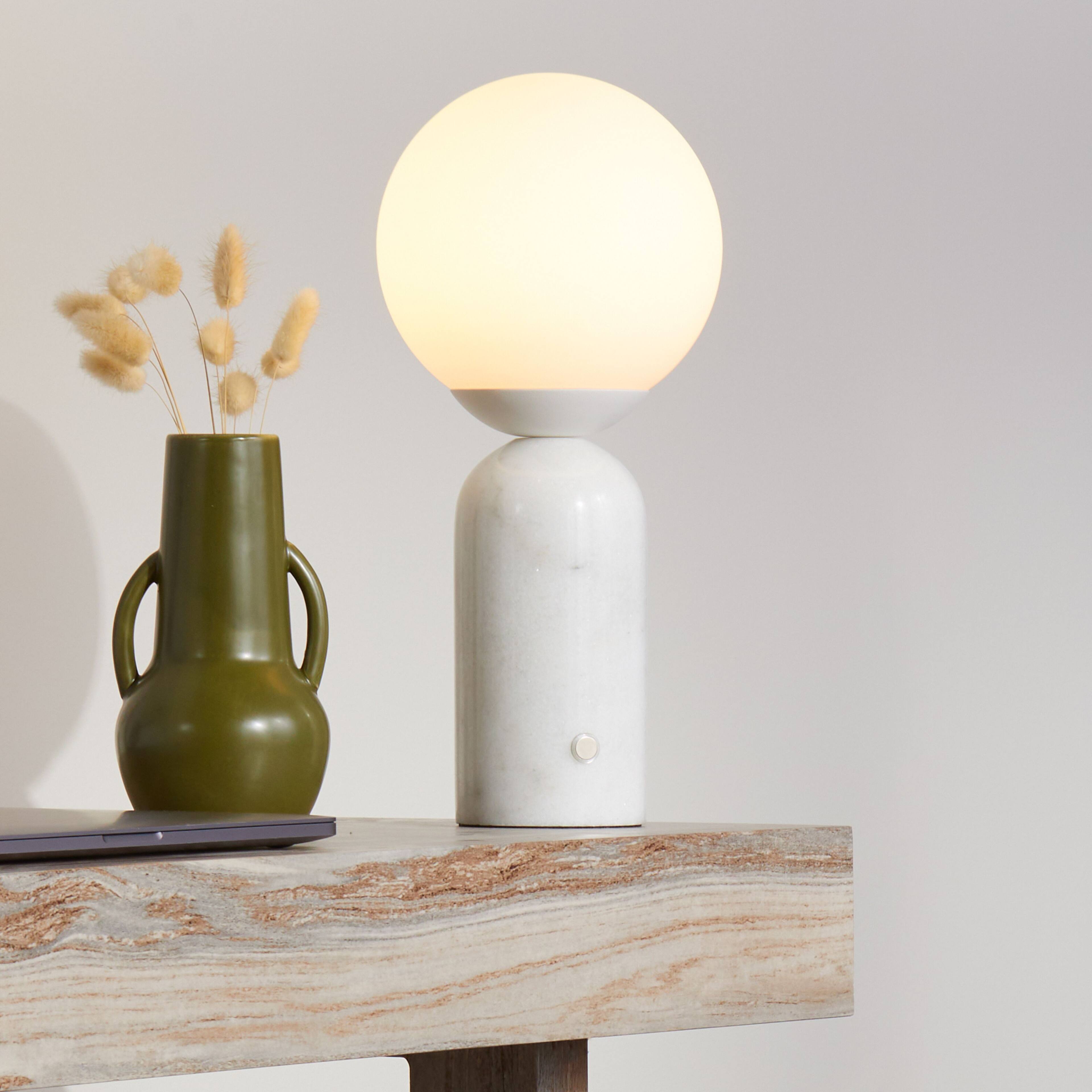 Angle. Brightech - Mila Tall LED Modern Contemporary Round Globe Dimmable Bedside Nightstand Desk Lamp with Frosted White Glass Shade - Glossy White Marble.