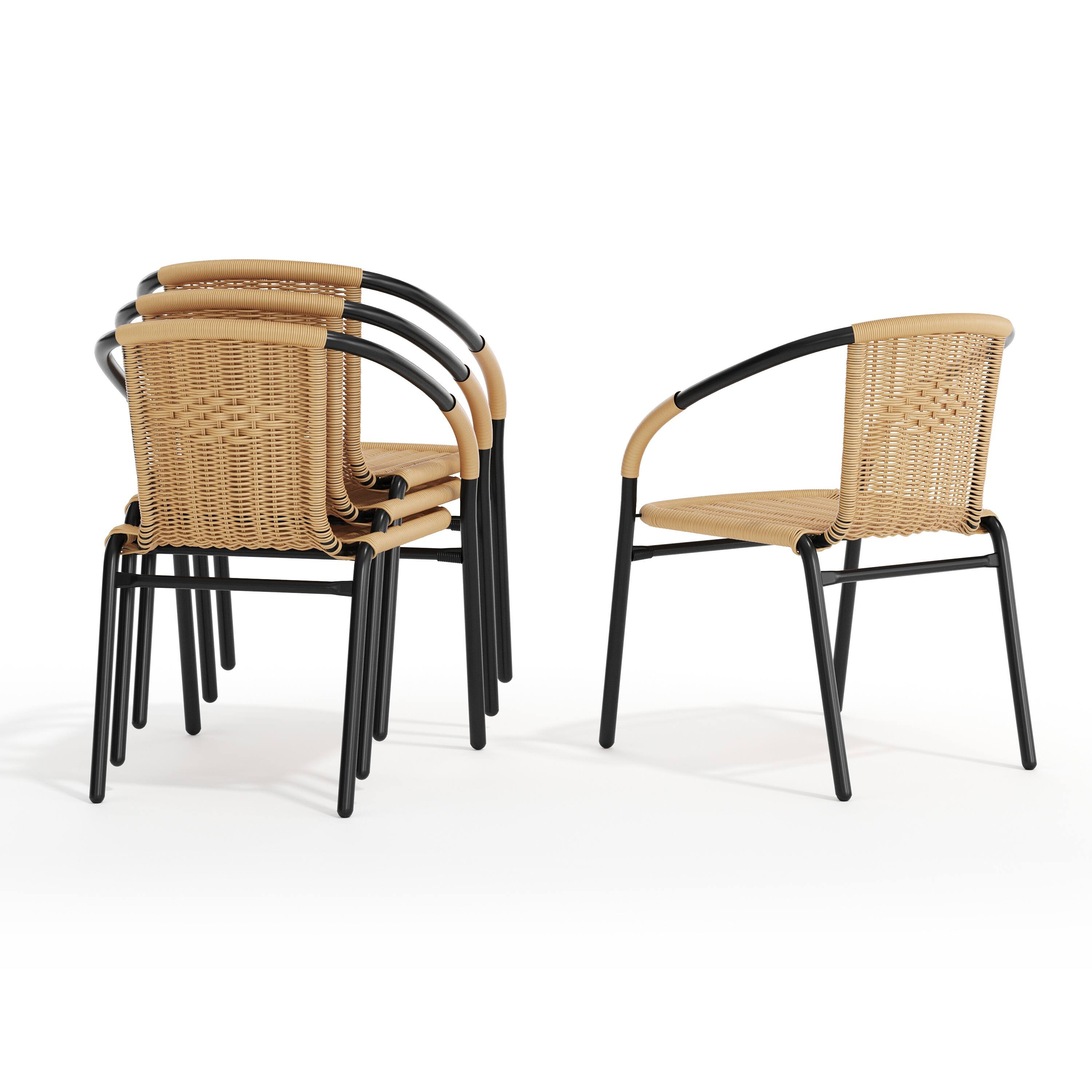 Alt View 10. Emma + Oliver - 4 Pack Rattan Indoor-Outdoor Restaurant Stack Chair with Curved Back - Beige.